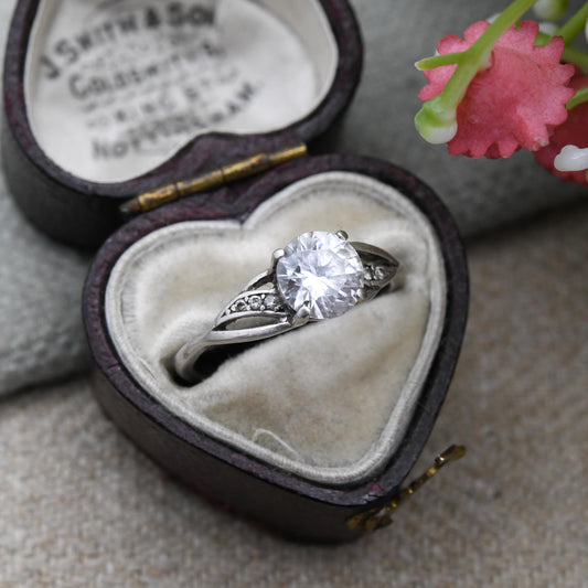 Vintage Sterling Silver Clear Stone Solitaire Ring - Large White Stone with Side Stones | Placeholder Ring | UK Size - K 1/2 US Size - 6 1/2