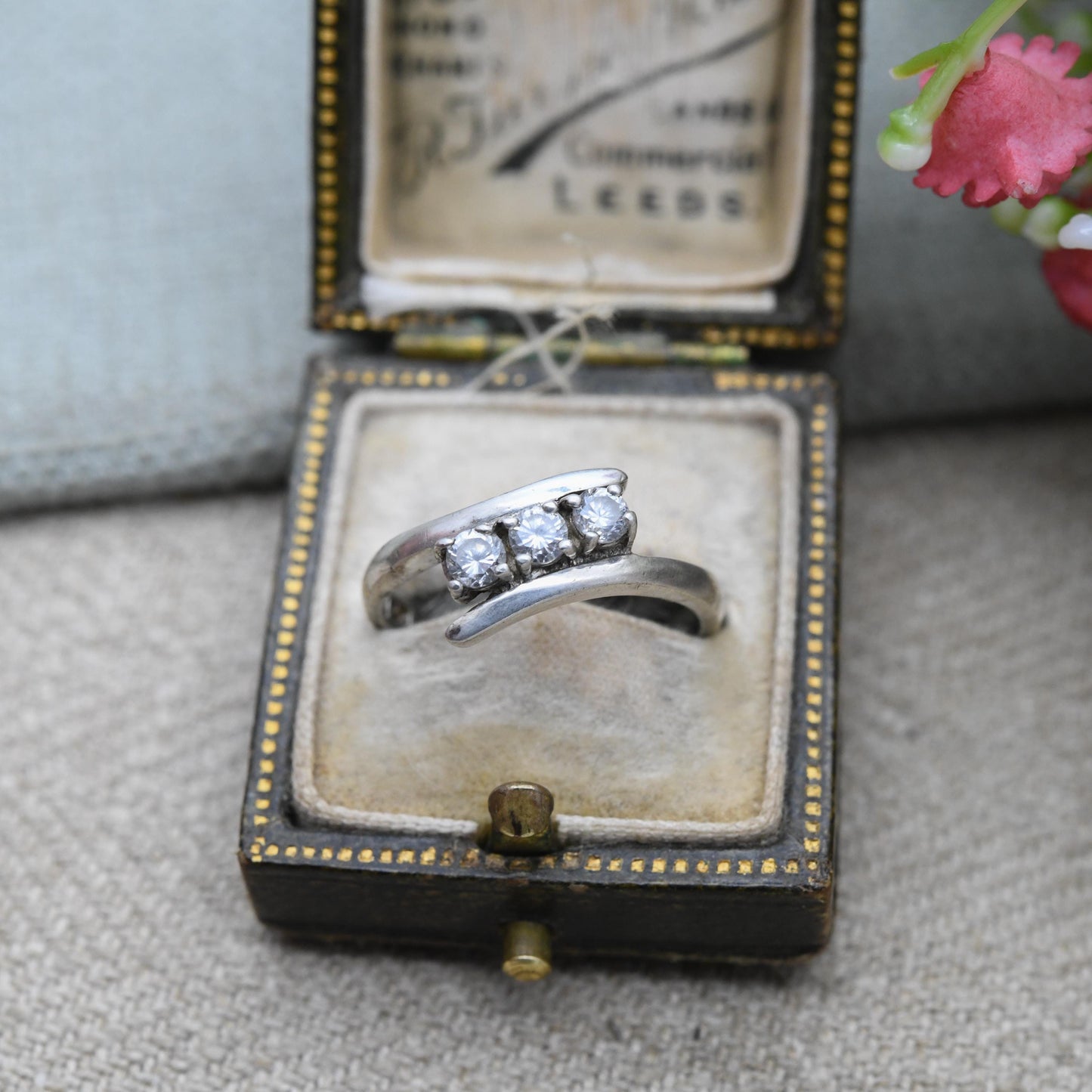 Vintage Sterling Silver CZ Bypass Three Stone Ring - Clear Gemstone Trilogy Ring | UK Size - L 1/2 | US Size - 6
