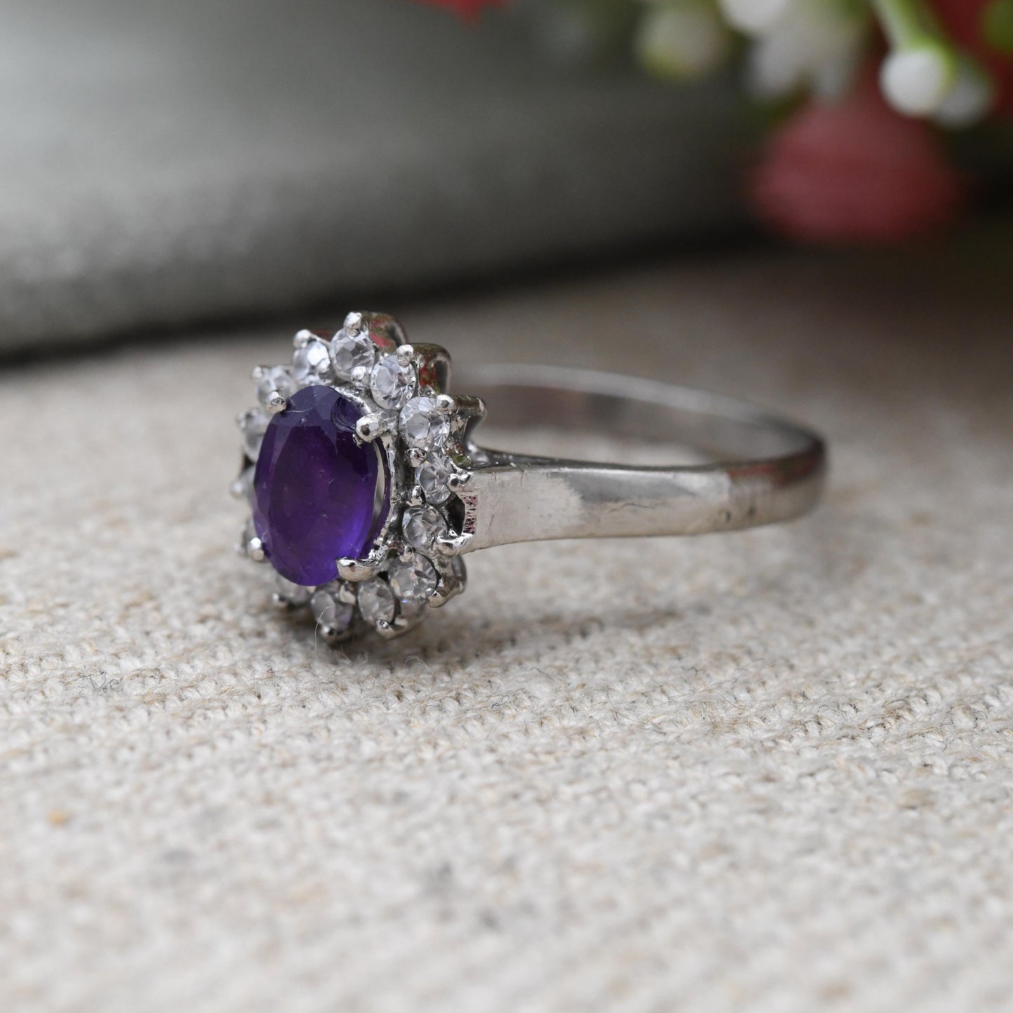 Vintage Sterling Silver Amethyst Halo Ring - Stunning Cocktail Ring with Clear Stones | Gift for Her | UK Size - Q 1/2 US | Size - 8 1/4