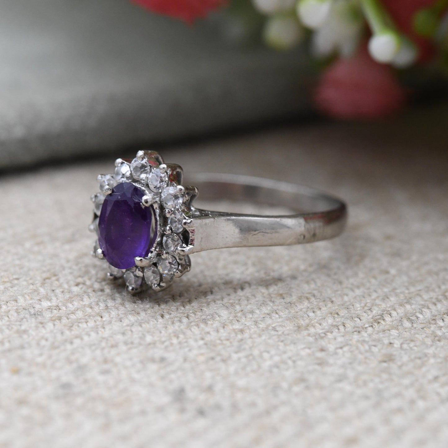 Vintage Sterling Silver Amethyst Halo Ring - Stunning Cocktail Ring with Clear Stones | Gift for Her | UK Size - Q 1/2 US | Size - 8 1/4