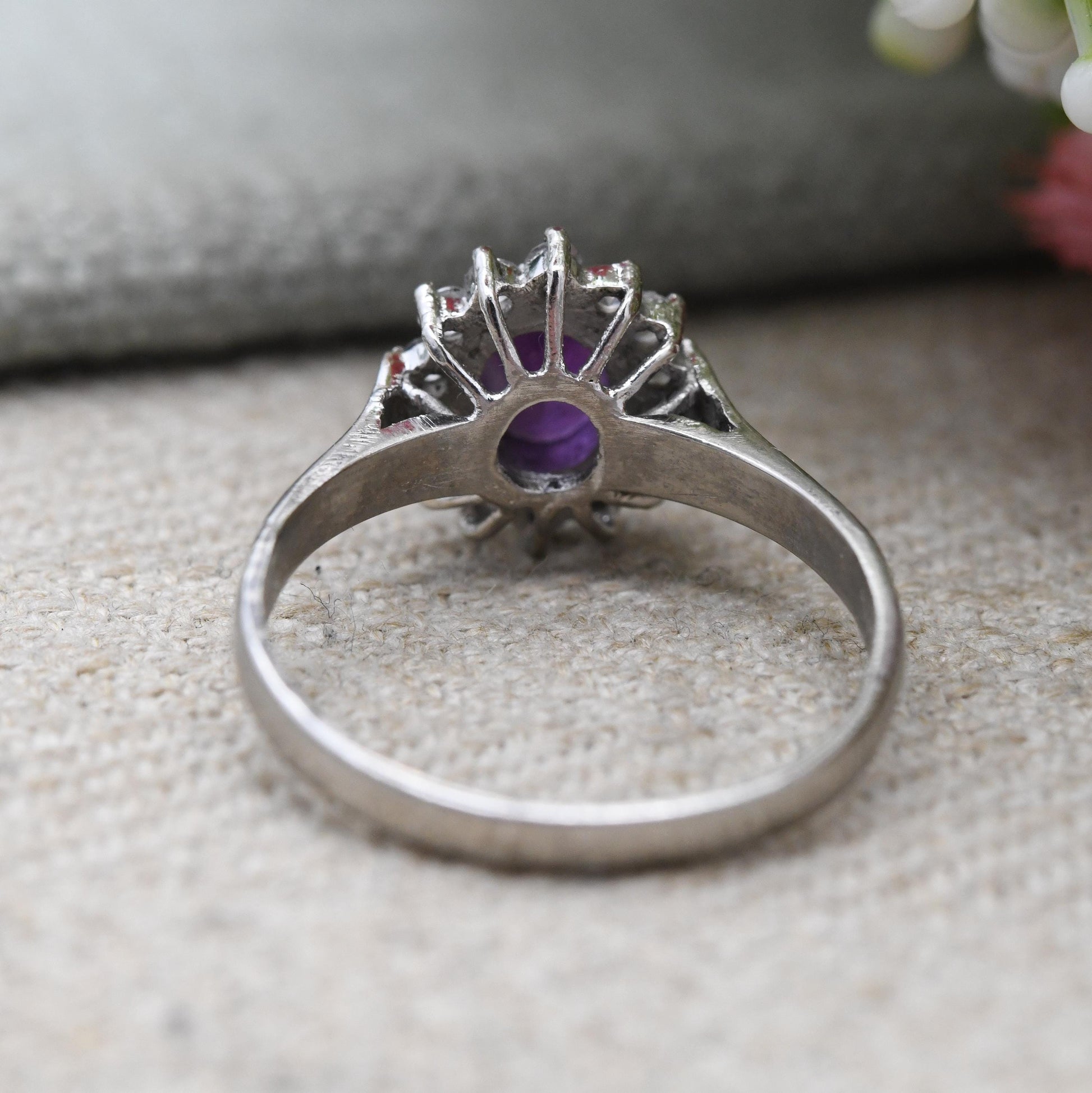 Vintage Sterling Silver Amethyst Halo Ring - Stunning Cocktail Ring with Clear Stones | Gift for Her | UK Size - Q 1/2 US | Size - 8 1/4
