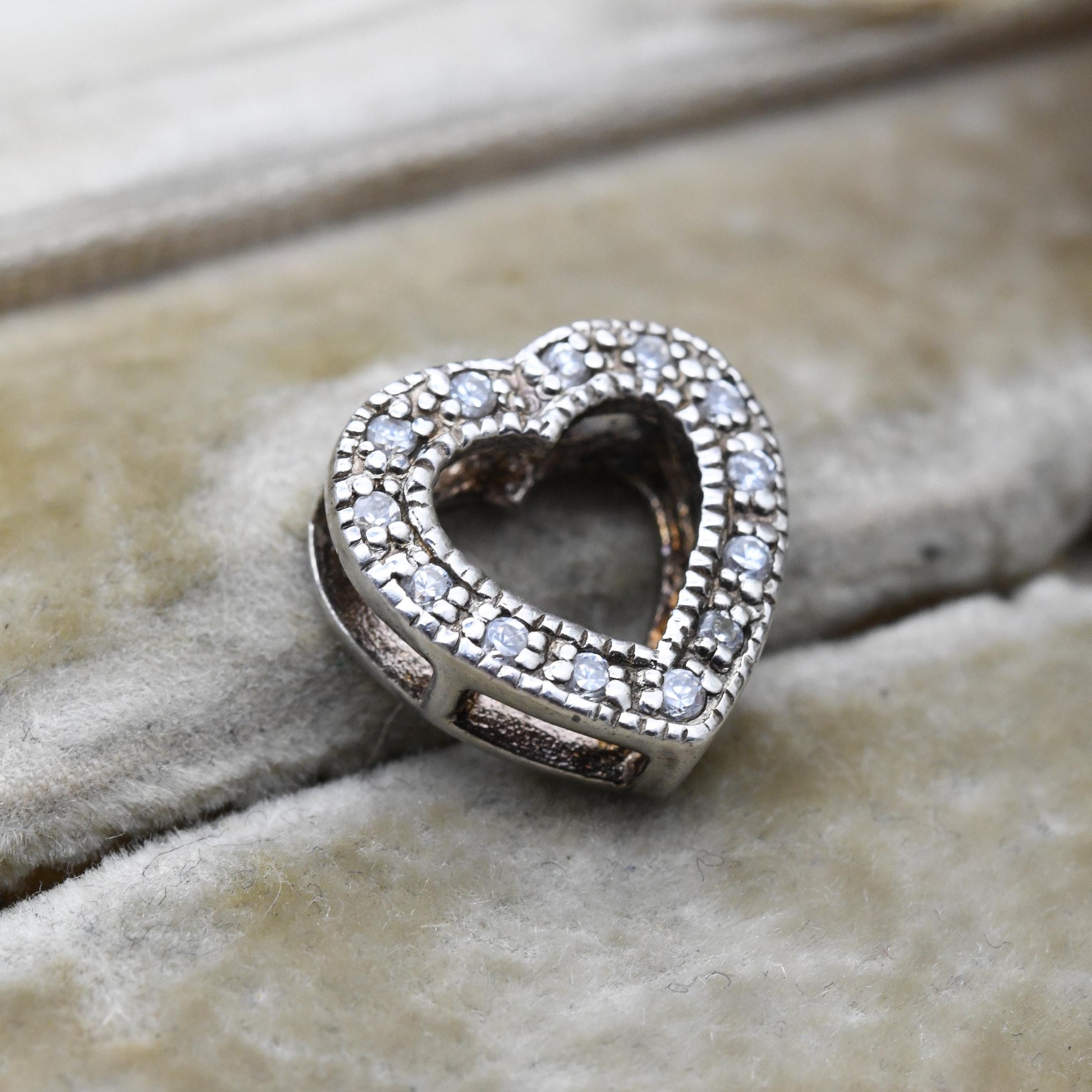 Vintage Sterling Silver and White Stone Heart Charm Pendant - Openwork Love Heart | Romantic Gift for Pendant Necklace Chain