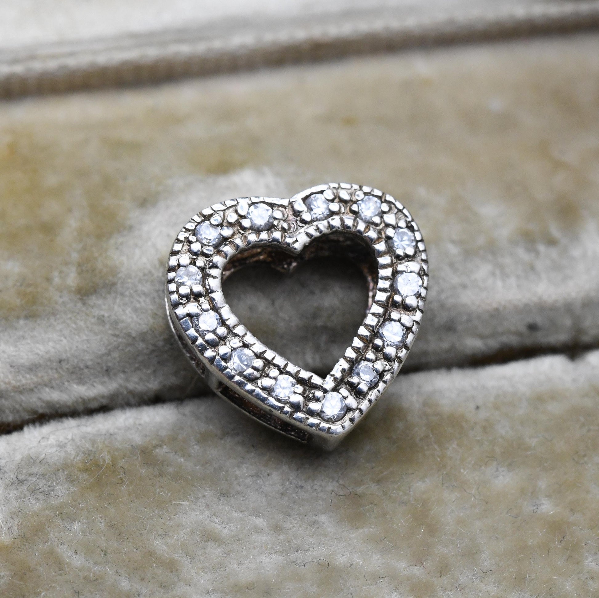 Vintage Sterling Silver and White Stone Heart Charm Pendant - Openwork Love Heart | Romantic Gift for Pendant Necklace Chain