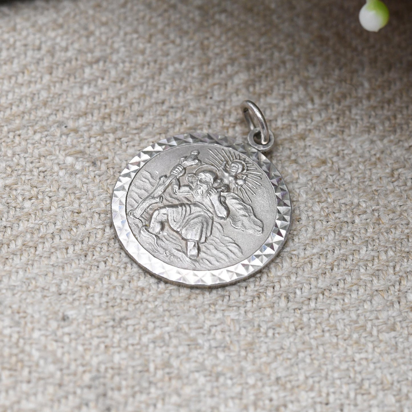 Vintage Sterling Silver St. Christopher Pendant - Embossed Relief | Geometric Circle Border | Saint of Travelling | Gift for Charm Bracelet
