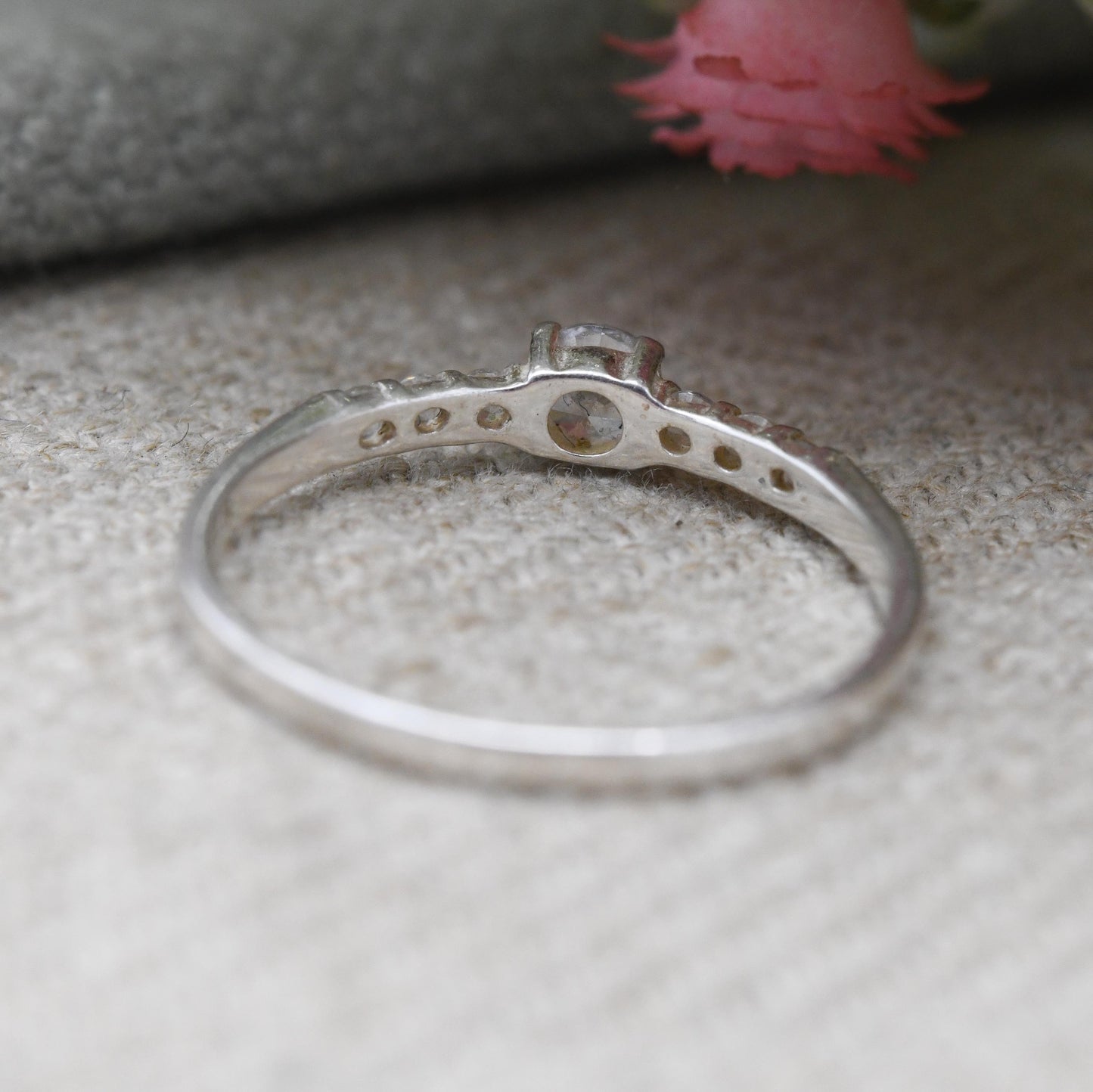SIX Sterling Silver Solitaire with Side Stones Ring - Clear Stone Cocktail Ring with Sparkly Stones | UK Size - O 1/2 US Size - 7 1/4