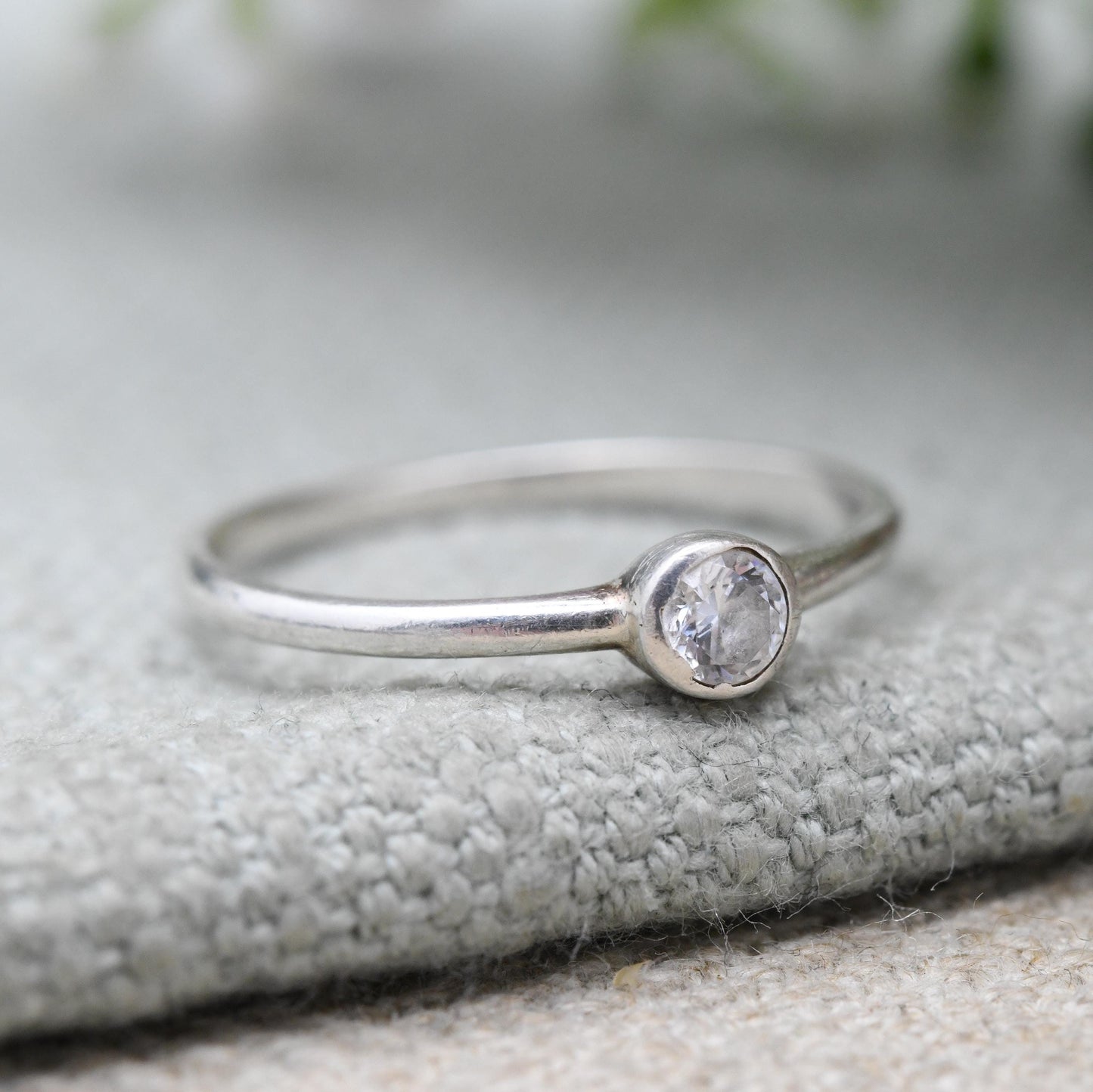 SIX Sterling Silver Clear Stone Solitaire Ring - Circular White Stone | Bezel | UK Size - P 1/2 | US Size - 7 3/4