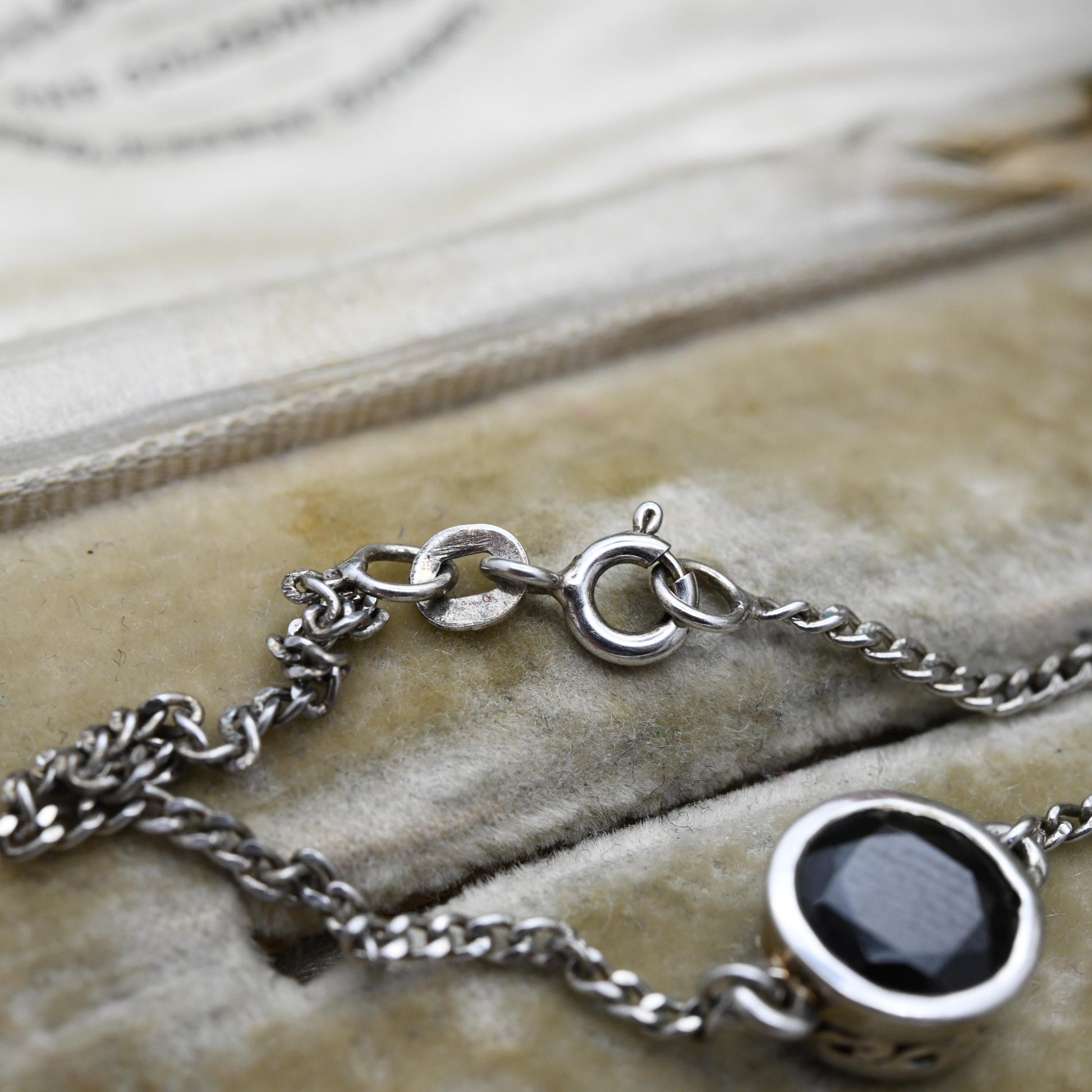 Vintage Sterling Silver Black Stone Pendant and Chain Bracelet - Faceted Black Gemstone Flat Curb Links | Beautiful Bracelet for Her