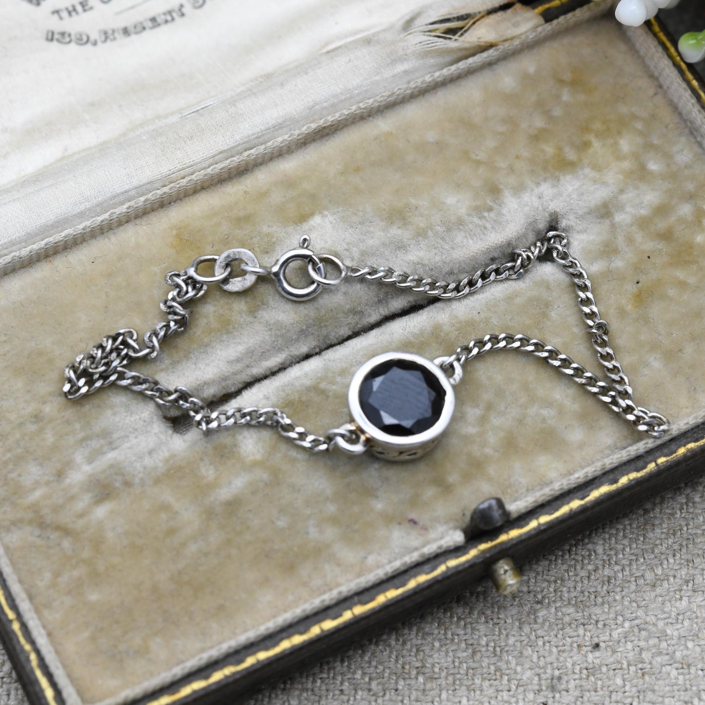 Vintage Sterling Silver Black Stone Pendant and Chain Bracelet - Faceted Black Gemstone Flat Curb Links | Beautiful Bracelet for Her