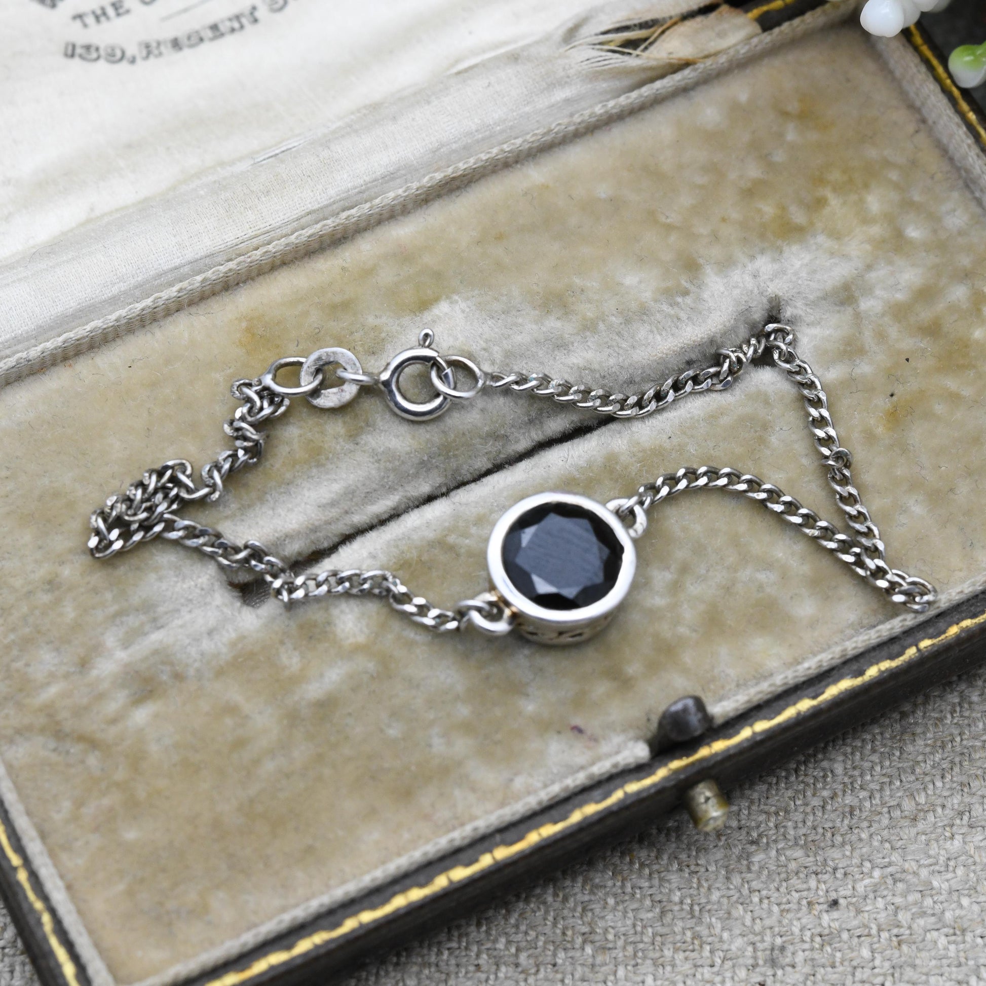 Vintage Sterling Silver Black Stone Pendant and Chain Bracelet - Faceted Black Gemstone Flat Curb Links | Beautiful Bracelet for Her