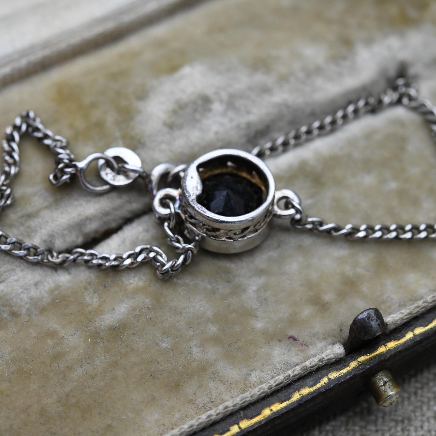 Vintage Sterling Silver Black Stone Pendant and Chain Bracelet - Faceted Black Gemstone Flat Curb Links | Beautiful Bracelet for Her