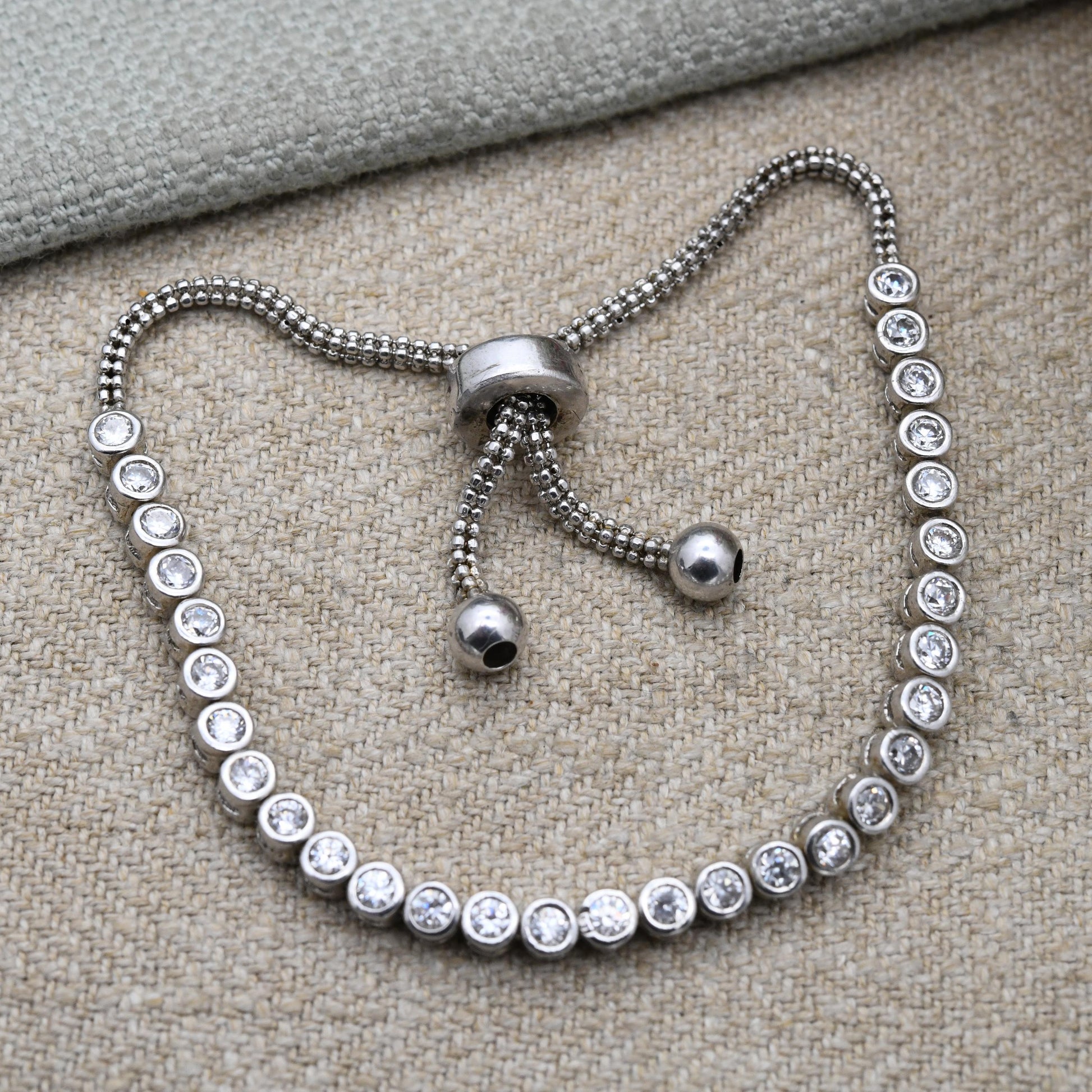 Vintage Sterling Silver White Stone Adjustable Tennis Chain Bracelet - Bezel Clear Stone Setting | Beautiful Bracelet