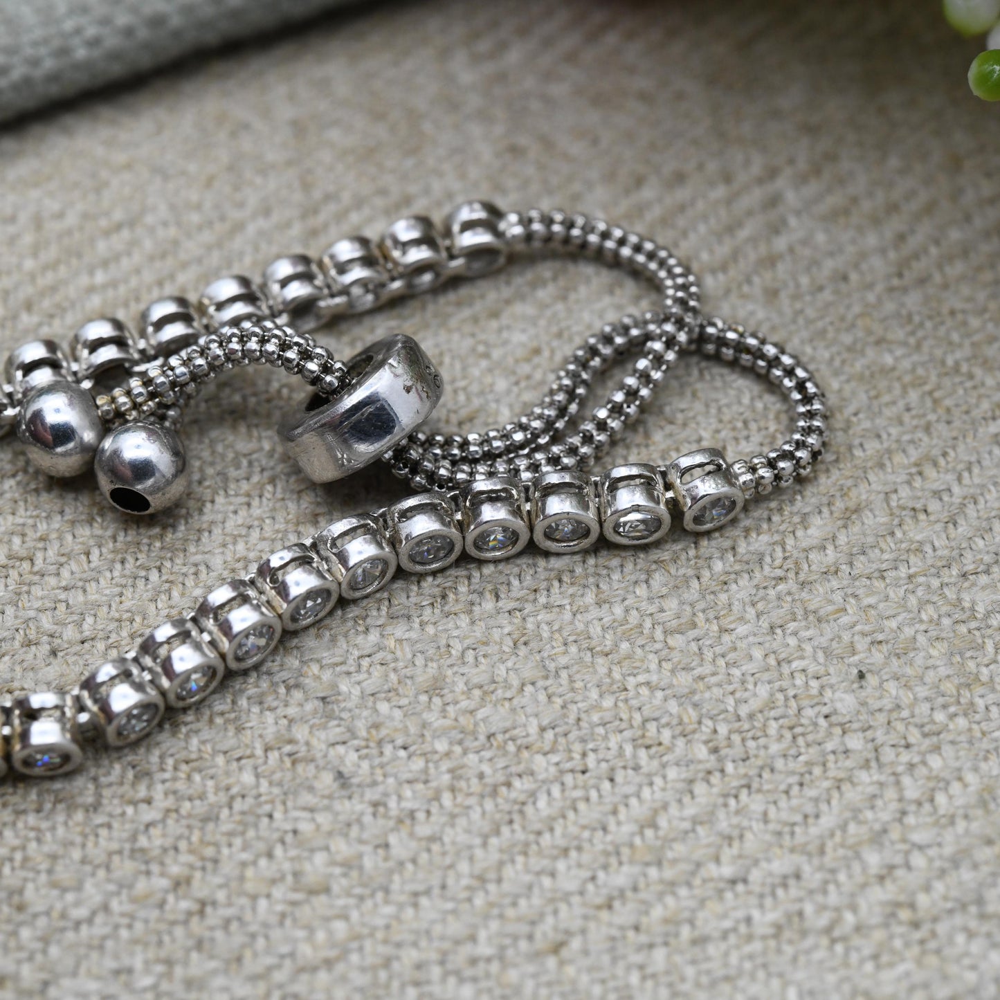 Vintage Sterling Silver White Stone Adjustable Tennis Chain Bracelet - Bezel Clear Stone Setting | Beautiful Bracelet