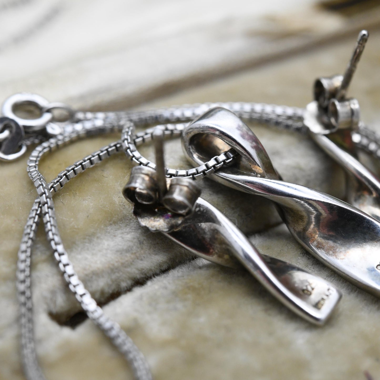 Sterling Silver Diamond Minimalist Necklace and Drop Earrings Set - Twisted Shape Flush White Stone | Gift for Her
