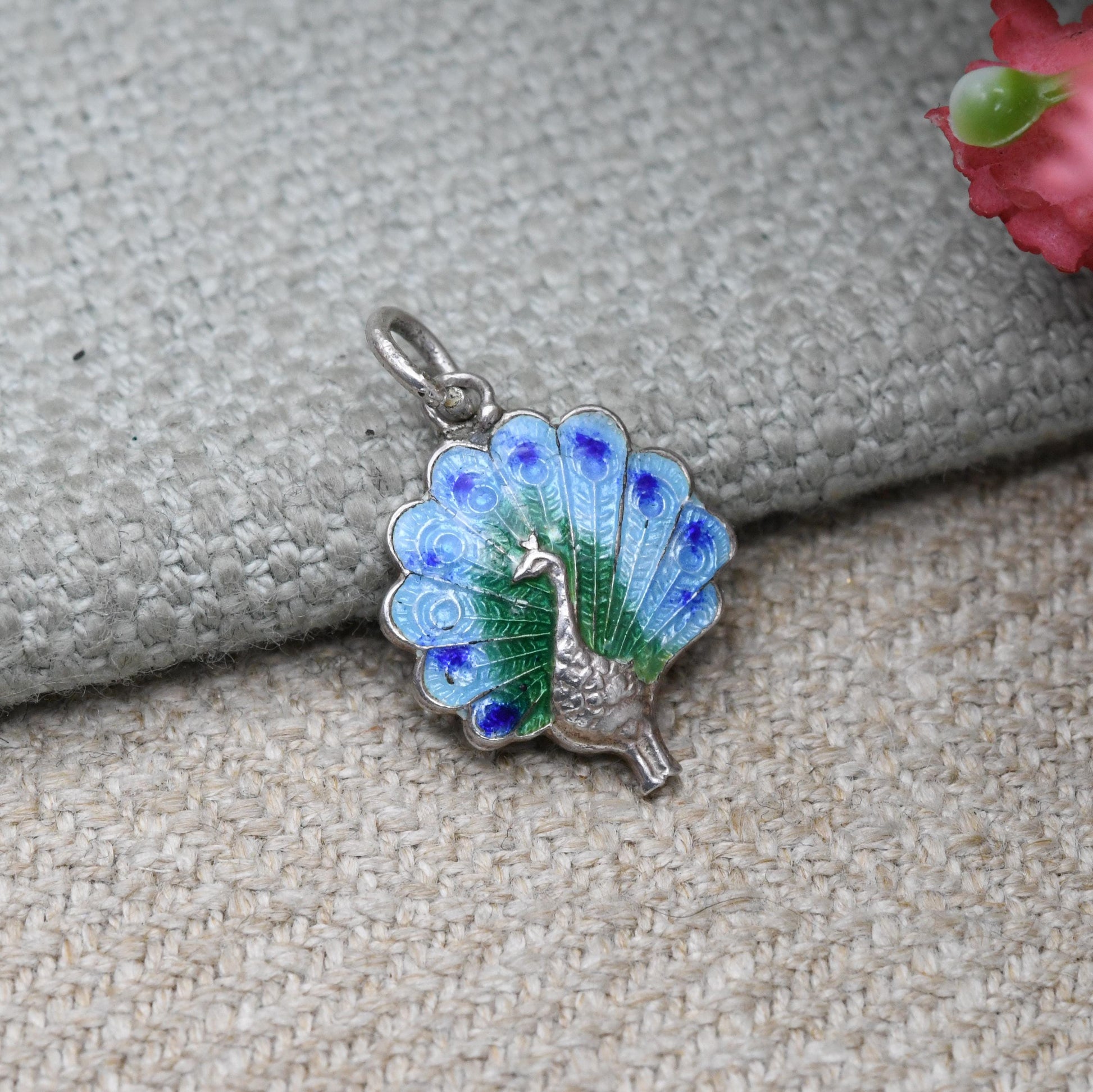 Sterling Silver Enamel Peacock Charm Pendant - Colourful Blue and Green Bird Jewellery | Animal Lover | Gift for Charm Bracelet Necklace