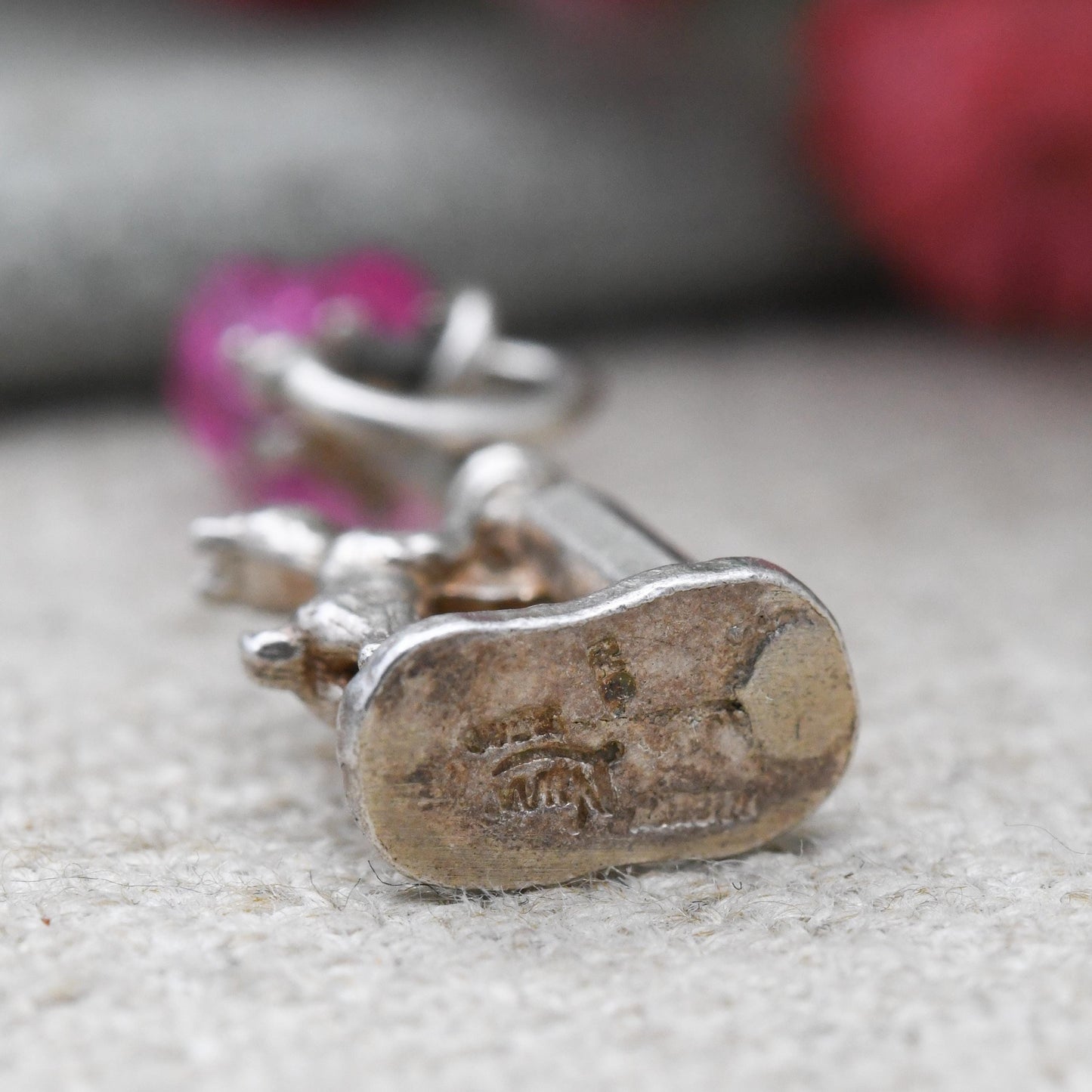 Vintage NUVO Sterling Silver Dog and Lamp Post Charm Pendant - Detailed Red Glass | Dog Charm | Animal Lover | Gift for Charm Bracelet