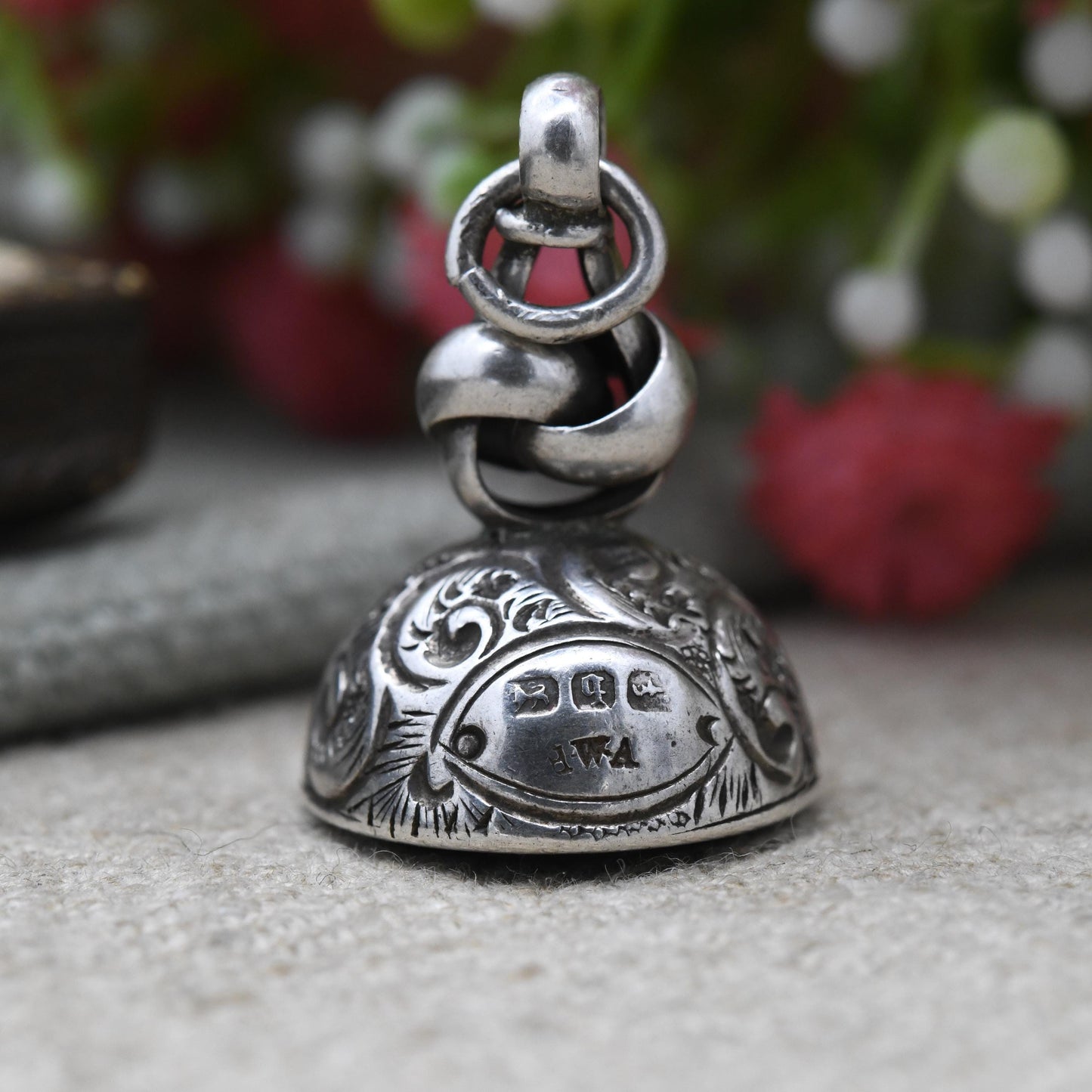 Antique Sterling Silver Bloodstone Watch Fob Pendant 1890 - H W Ashford & Co Engraved Scrolling Victorian Jewellery | Gentleman’s Accessory
