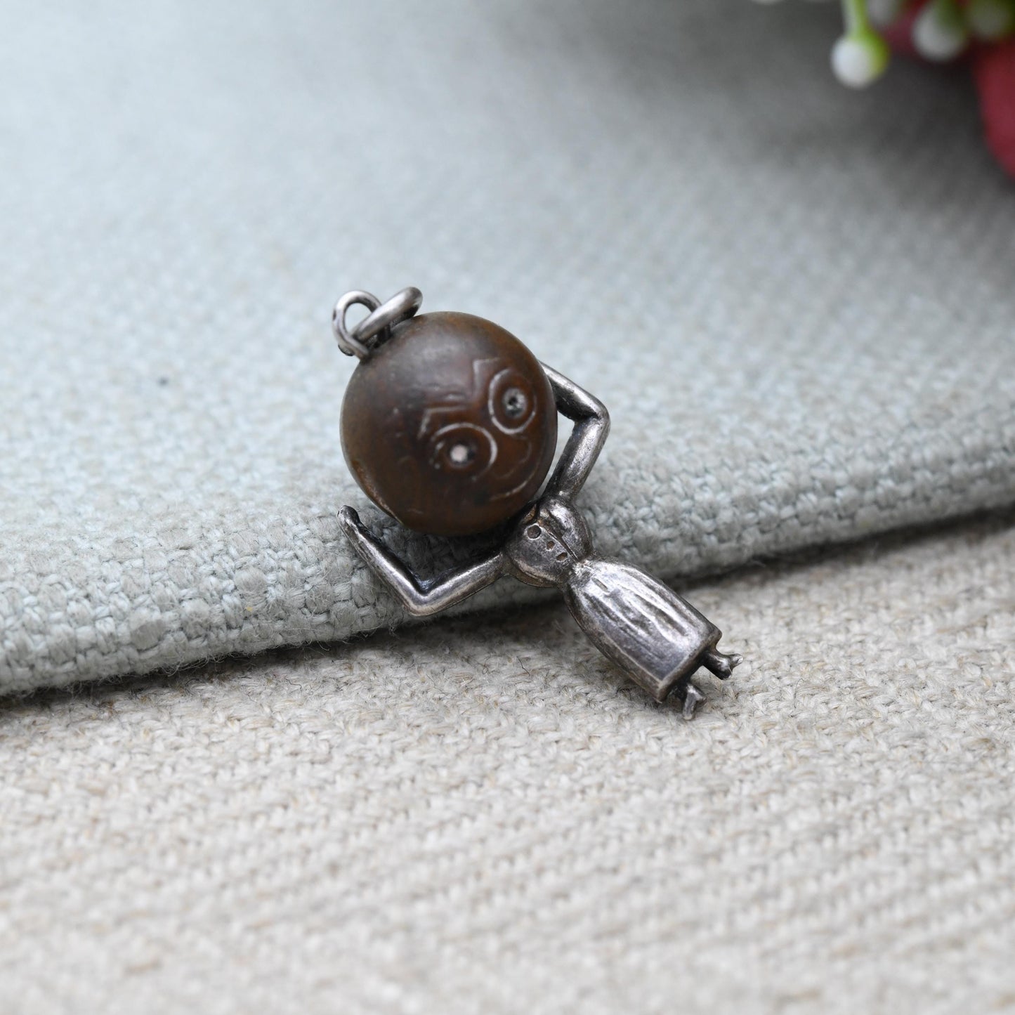 Antique Lady Touch Wud Sterling Silver Charm Pendant - First World War Good Luck Charm Tommy Touch Wood Head Unusual Gift for Charm Bracelet