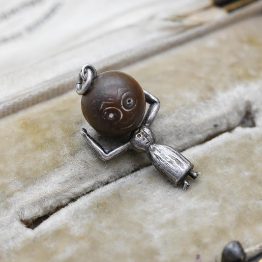 Antique Lady Touch Wud Sterling Silver Charm Pendant - First World War Good Luck Charm Tommy Touch Wood Head Unusual Gift for Charm Bracelet
