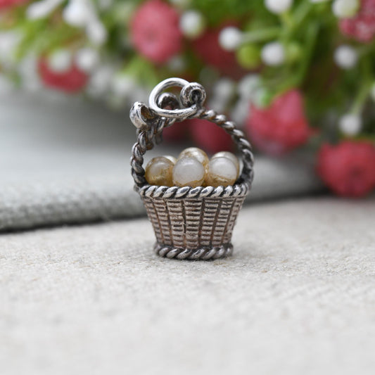 Vintage NUVO Sterling Silver Basket of Pearls Charm - Collectable Detailed Mid-Century Silver Gift for Charm Bracelet