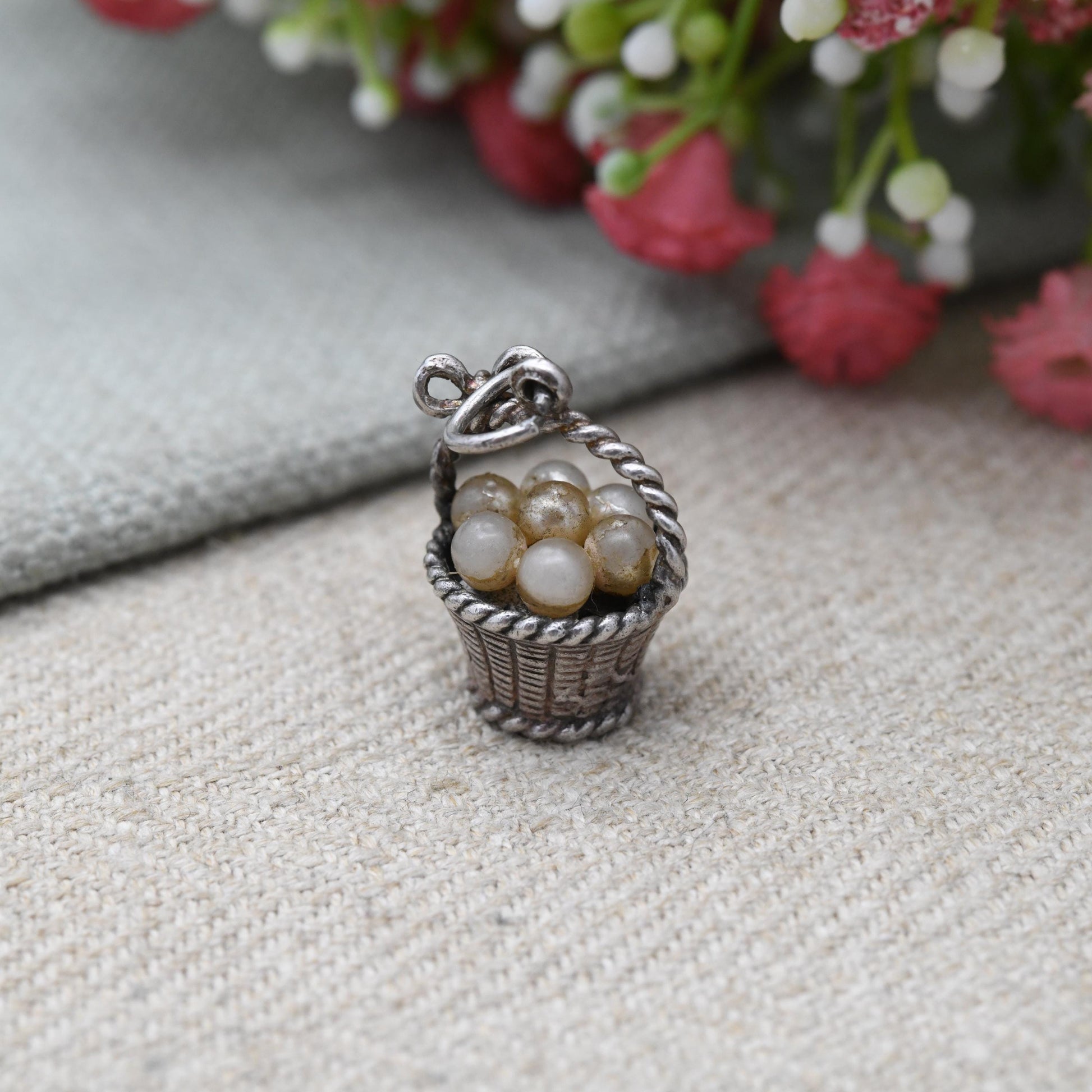 Vintage NUVO Sterling Silver Basket of Pearls Charm - Collectable Detailed Mid-Century Silver Gift for Charm Bracelet