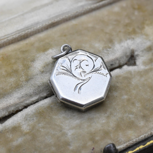 Vintage Sterling Silver Locket Pendant with Flower Engraving - Octagonal Scrolling Floral Decoration | Pretty Gift for Her