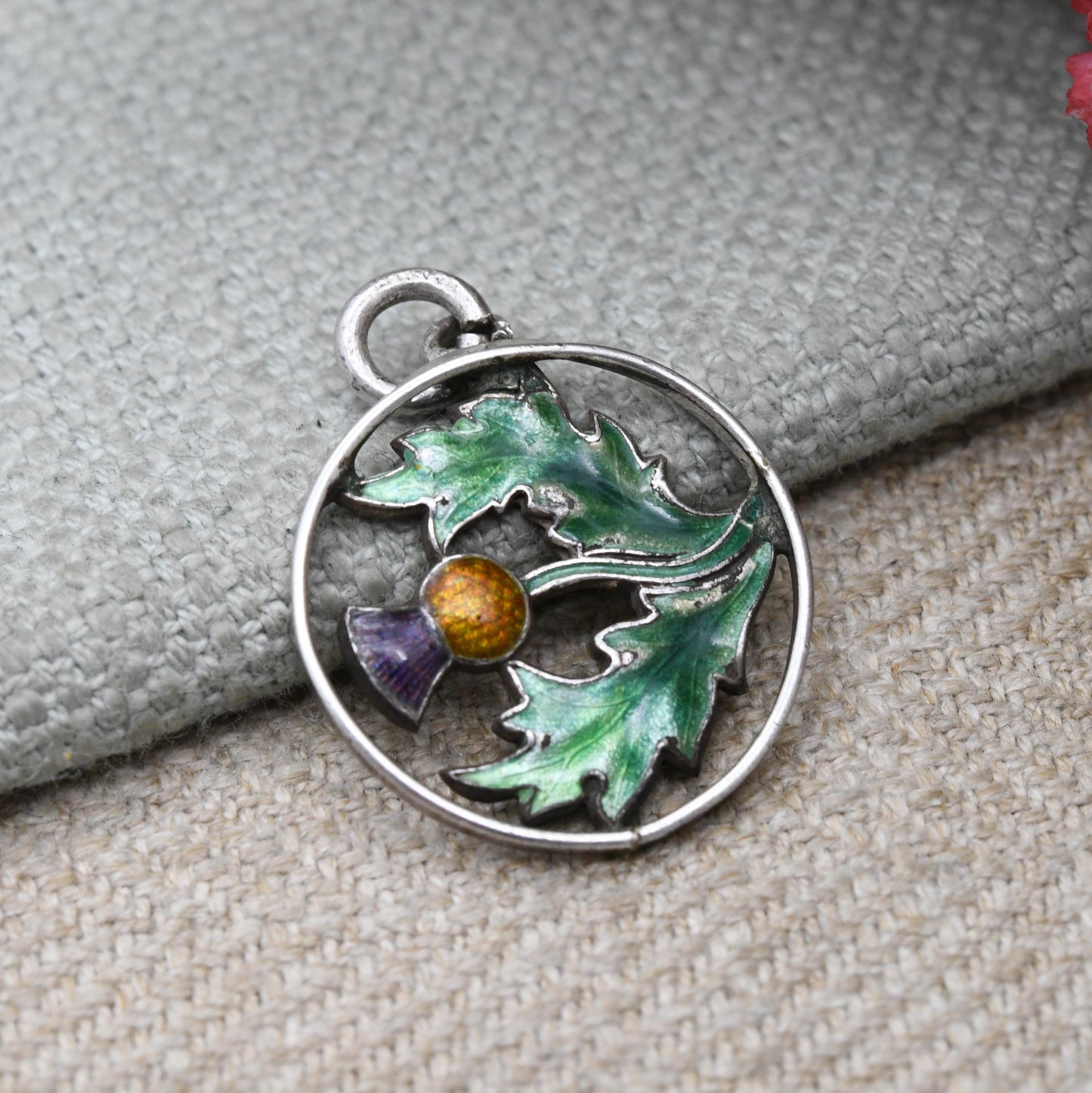Vintage Charles Horner Sterling Silver Enamel Scottish Thistle Charm - Converted Brooch | Traditional Scottish Flower Pendant for Necklace