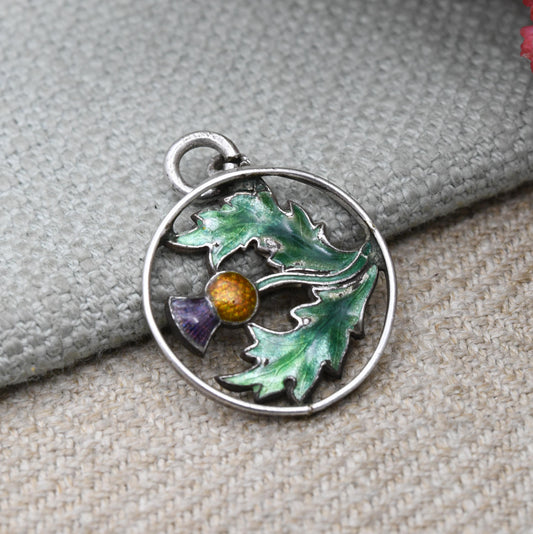 Vintage Charles Horner Sterling Silver Enamel Scottish Thistle Charm - Converted Brooch | Traditional Scottish Flower Pendant for Necklace
