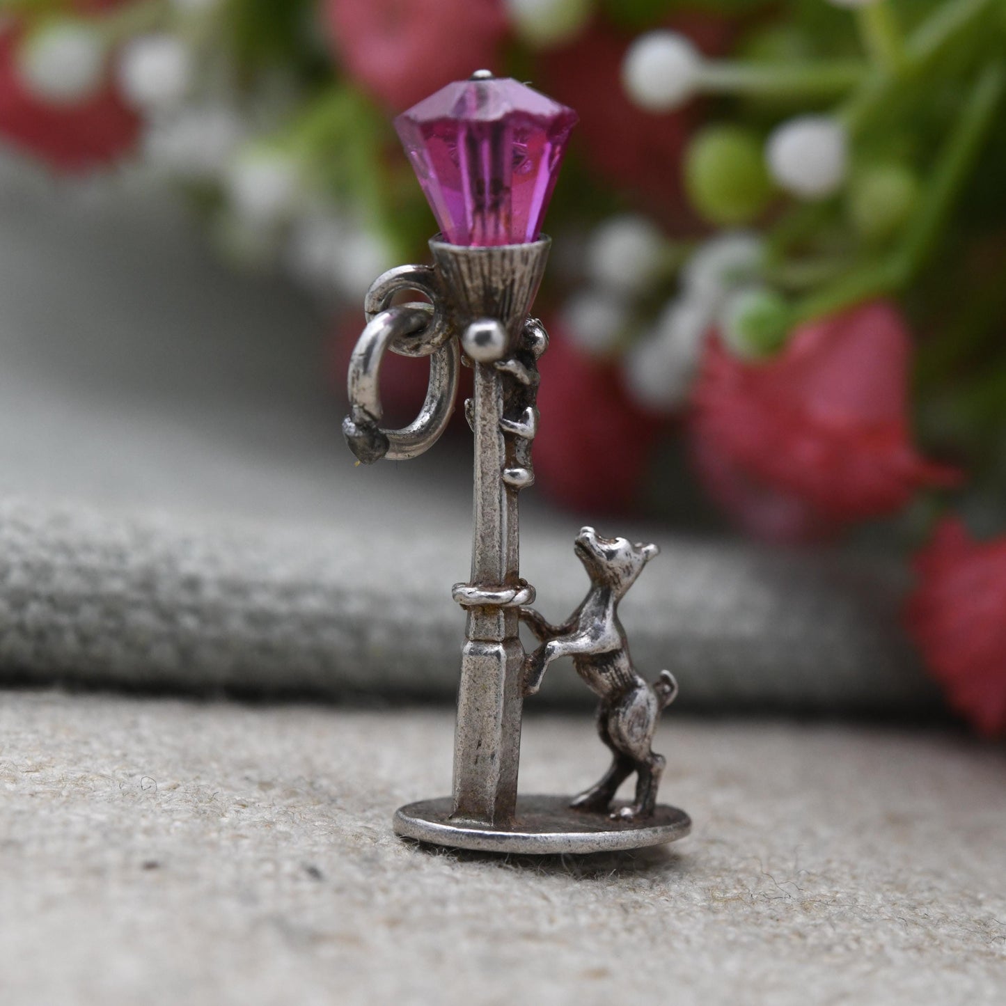 Vintage Sterling Silver Dog and Cat Lamp Post Charm Pendant - Detailed Red Glass | Dog Charm | Animal Lover | Gift for Charm Bracelet