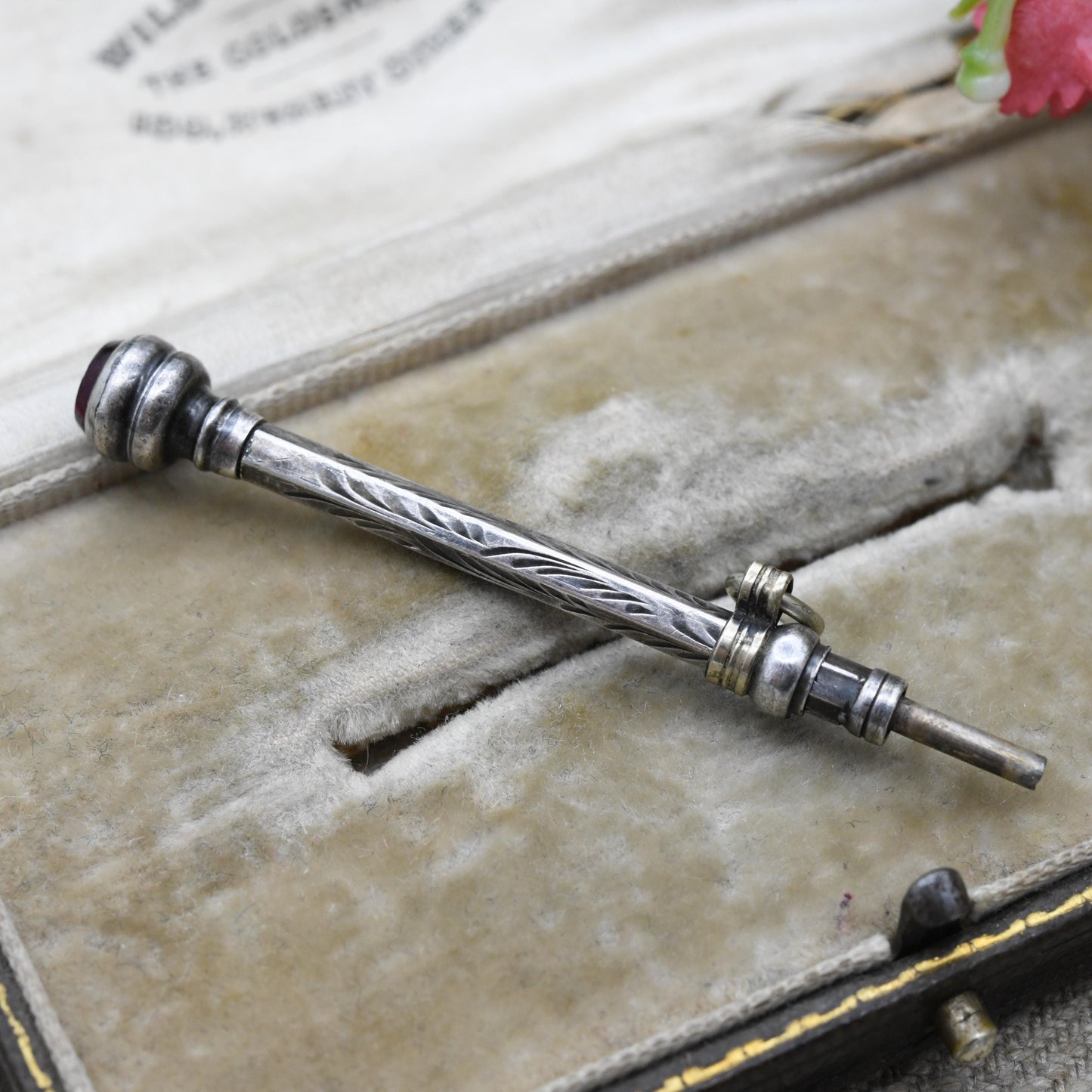 Antique Sterling Silver Chatelaine Retractable Pencil Charm - Edwardian Red Paste Bezel Set Handle | Collectable Magic Pencil Jewellery