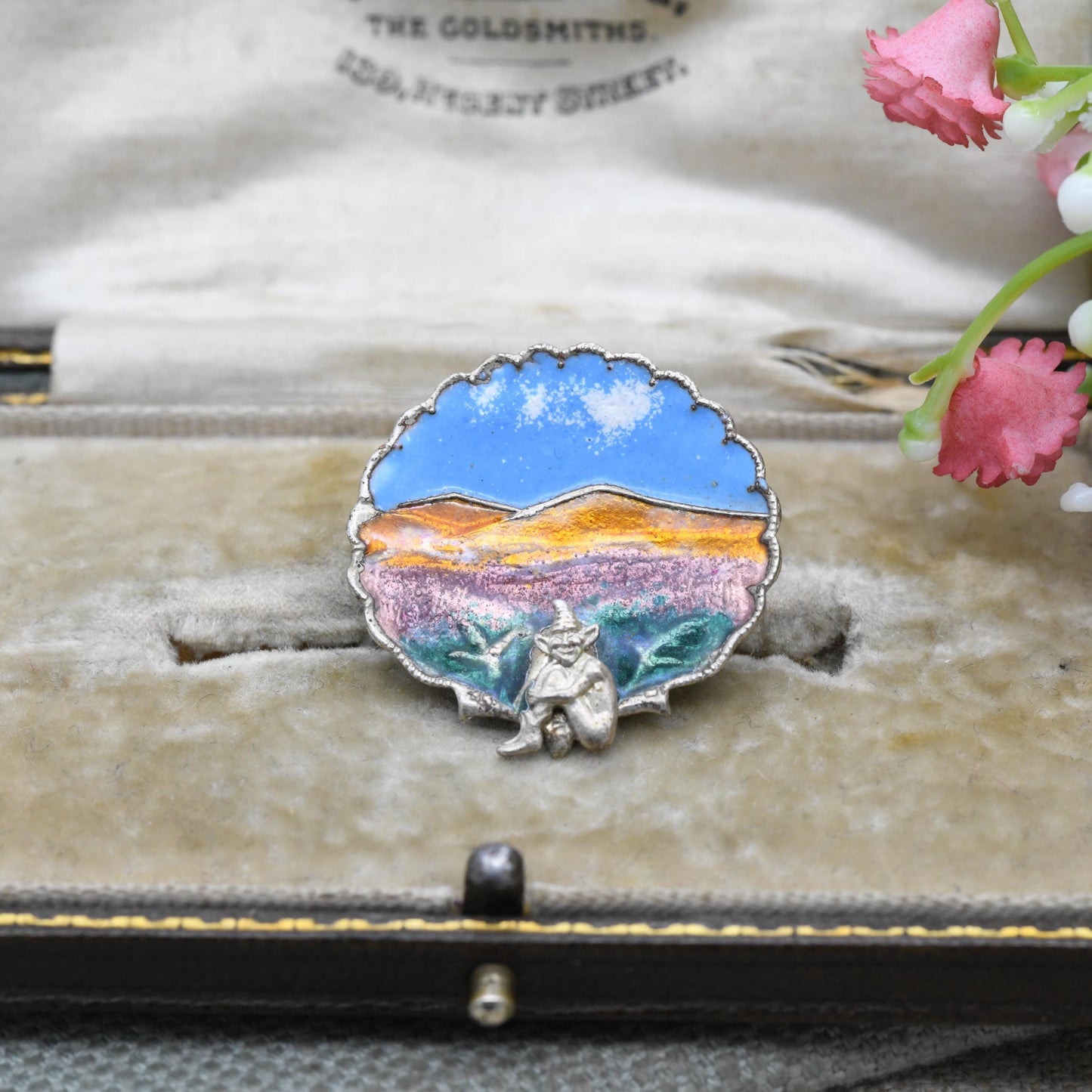 Antique Sterling Silver Enamel Cornish Pixie Brooch c. 1920s Art Deco - Bright Colourful Enamel | Made in England