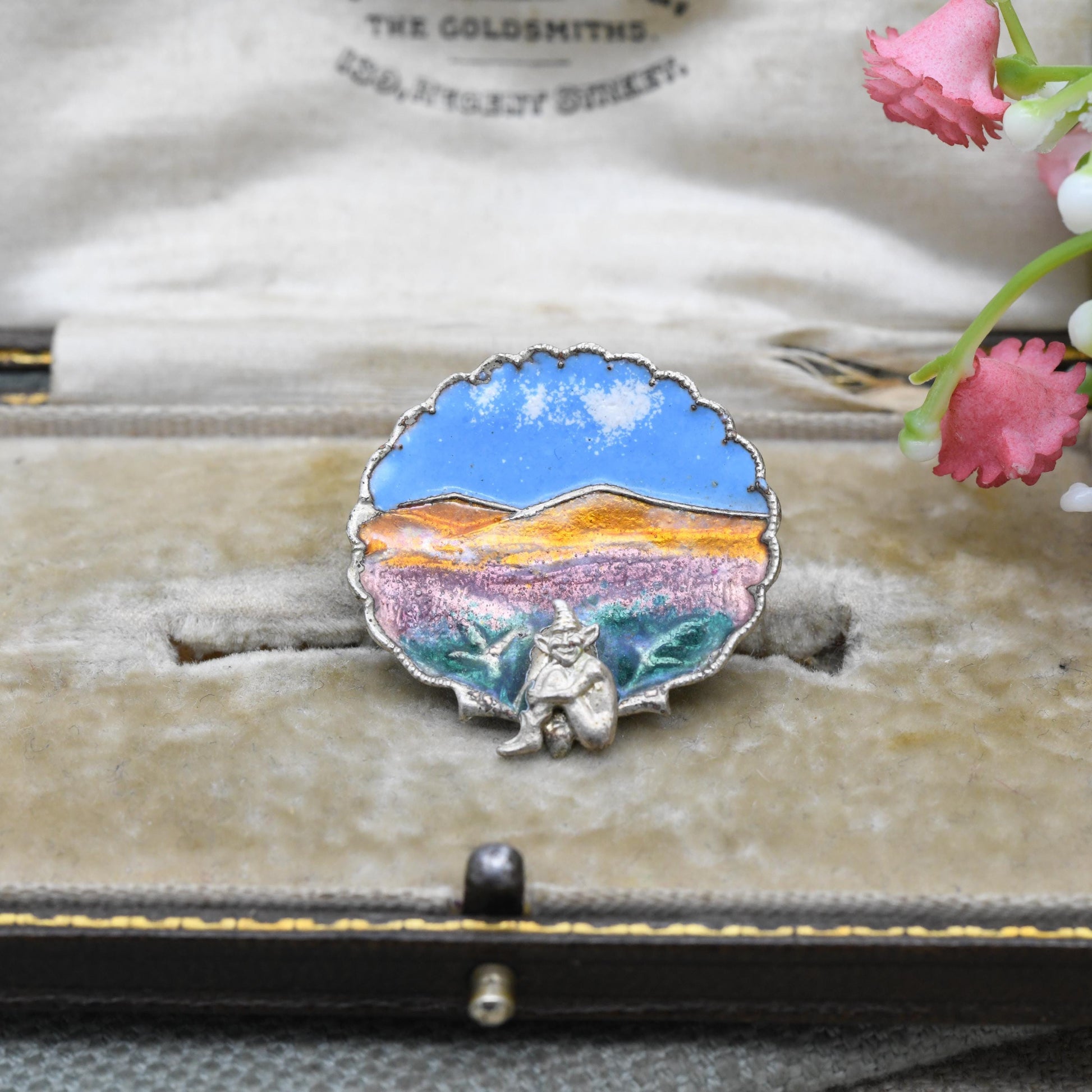 Antique Sterling Silver Enamel Cornish Pixie Brooch c. 1920s Art Deco - Bright Colourful Enamel | Made in England