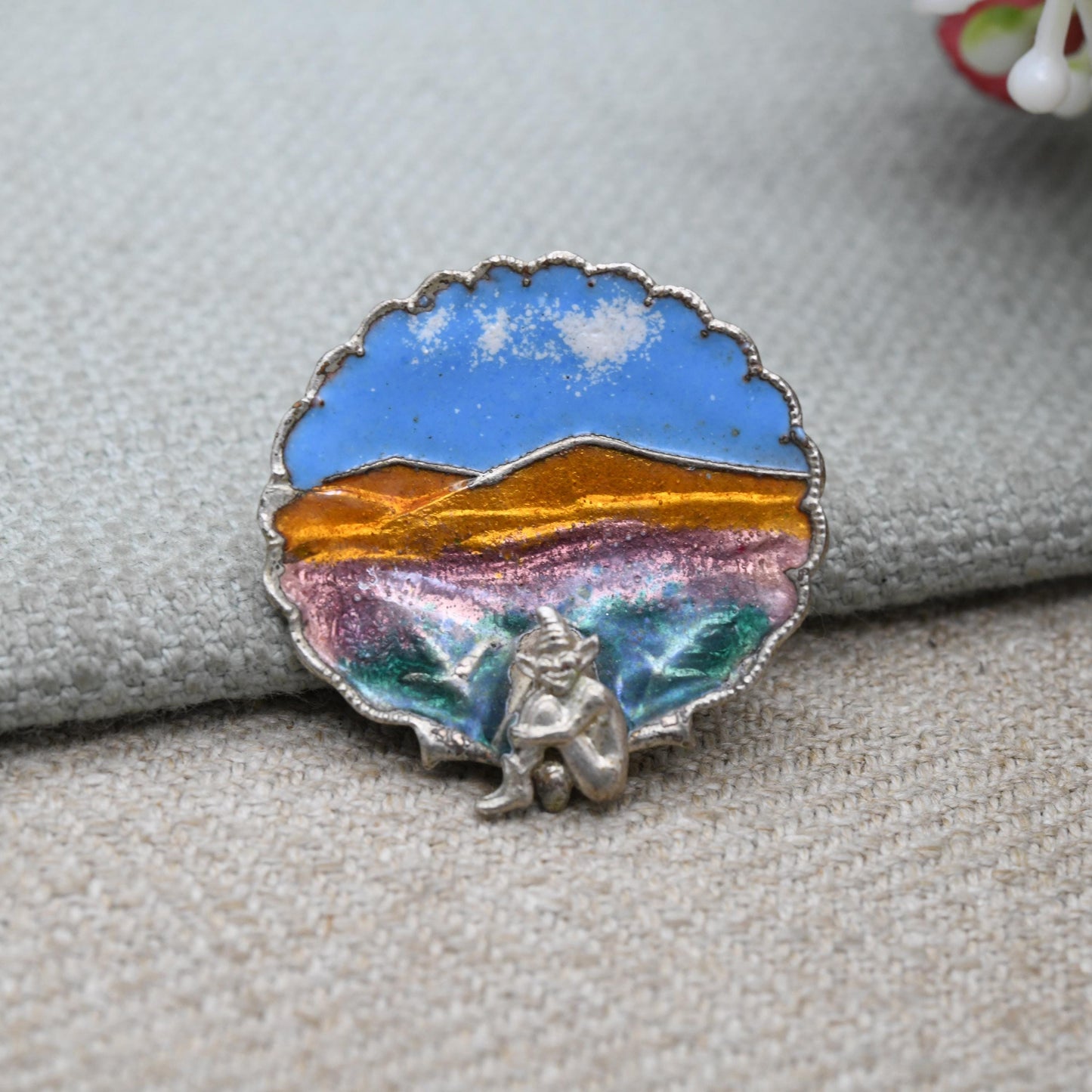 Antique Sterling Silver Enamel Cornish Pixie Brooch c. 1920s Art Deco - Bright Colourful Enamel | Made in England