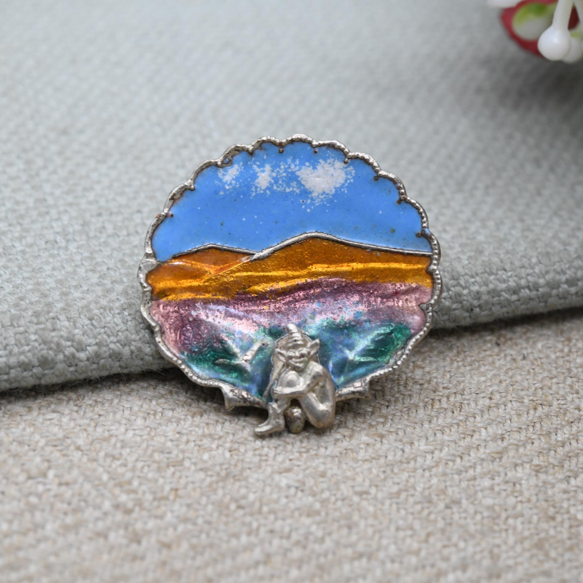 Antique Sterling Silver Enamel Cornish Pixie Brooch c. 1920s Art Deco - Bright Colourful Enamel | Made in England