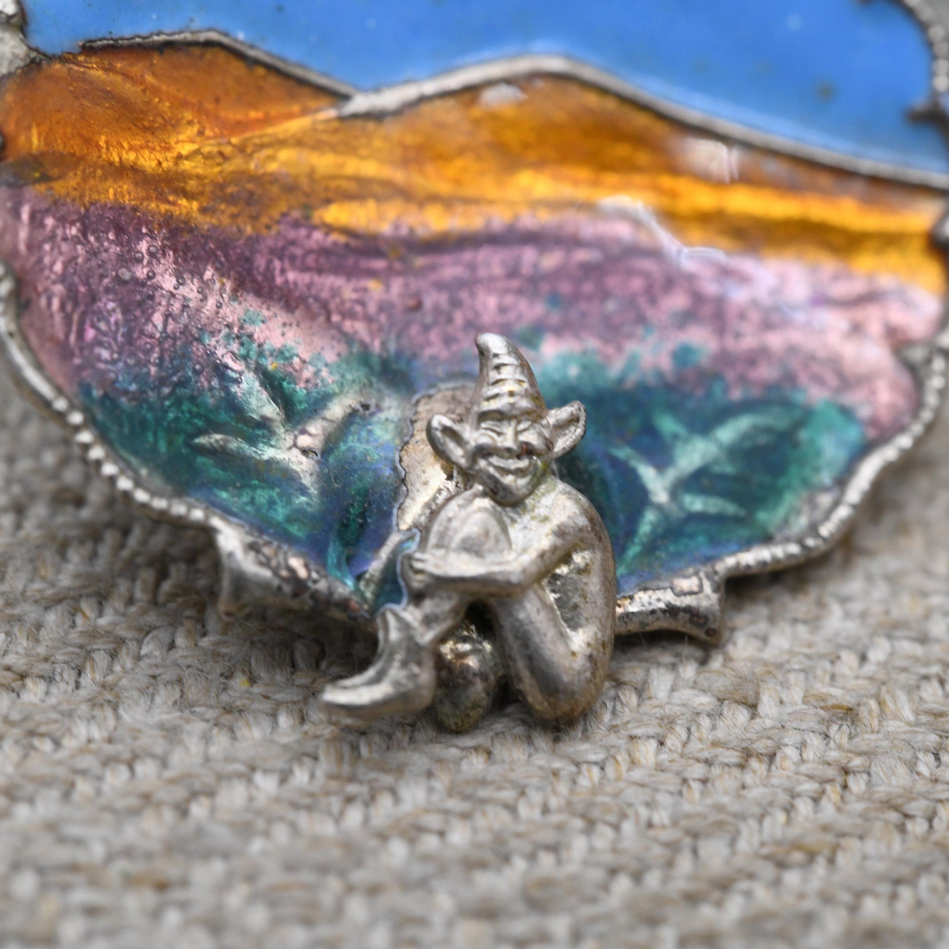 Antique Sterling Silver Enamel Cornish Pixie Brooch c. 1920s Art Deco - Bright Colourful Enamel | Made in England