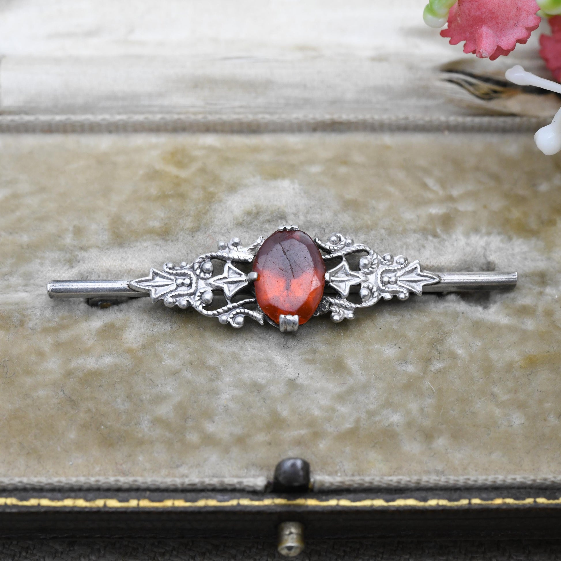 Vintage Silver Czech Filigree Bar Brooch with Faceted Orange Gemstone - Floral Pin Gift for Her