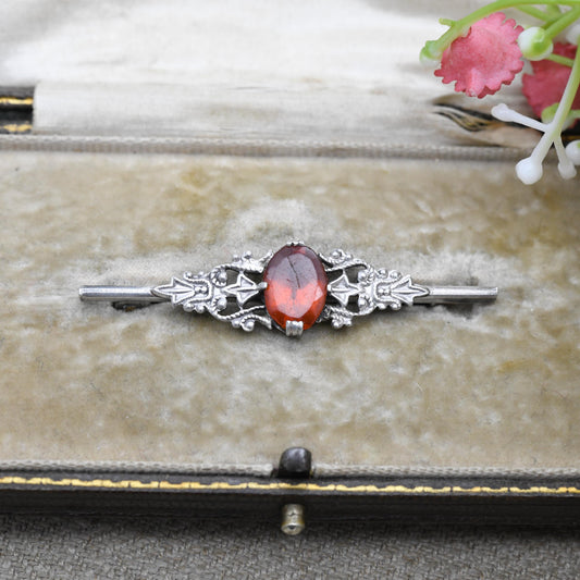 Vintage Silver Czech Filigree Bar Brooch with Faceted Orange Gemstone - Floral Pin Gift for Her