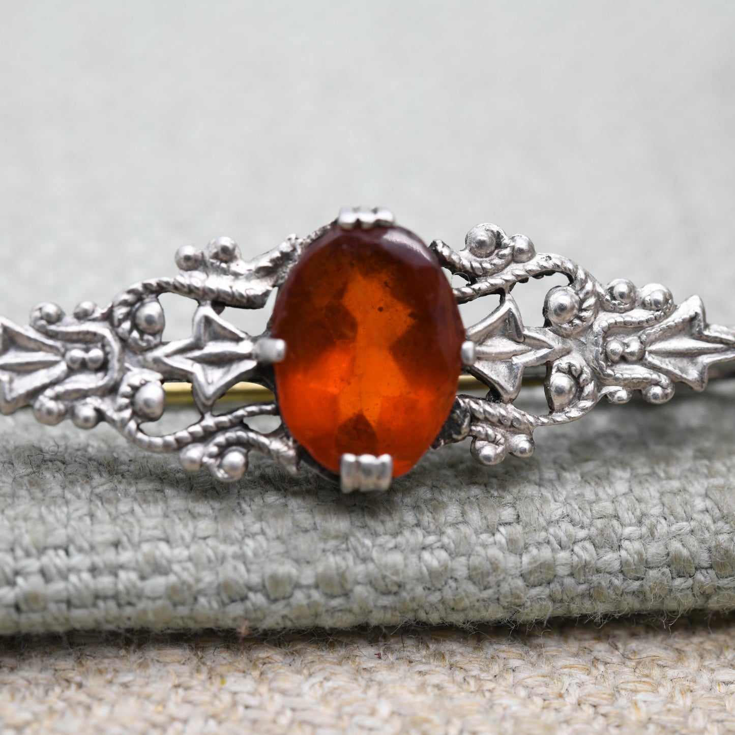 Vintage Silver Czech Filigree Bar Brooch with Faceted Orange Gemstone - Floral Pin Gift for Her