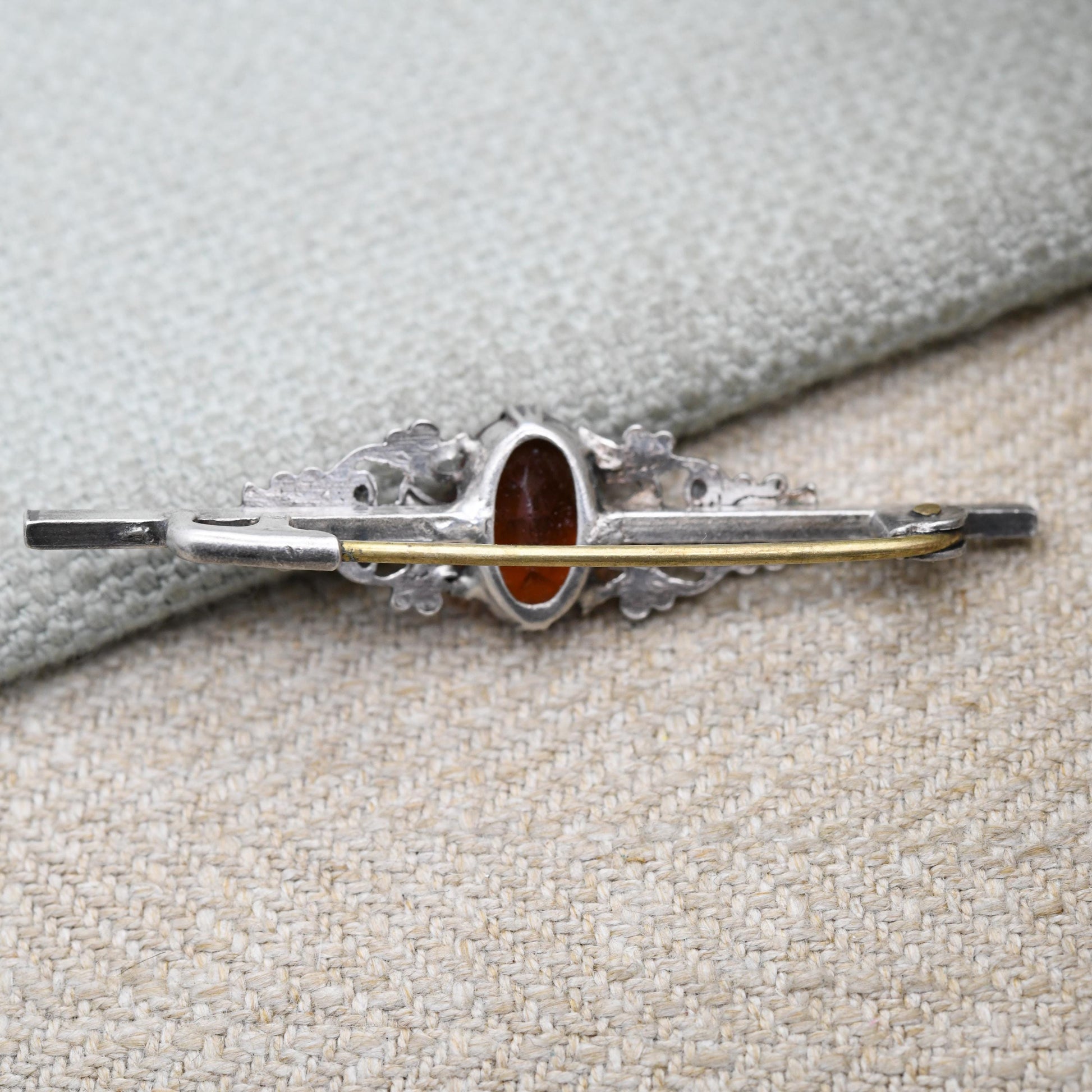 Vintage Silver Czech Filigree Bar Brooch with Faceted Orange Gemstone - Floral Pin Gift for Her