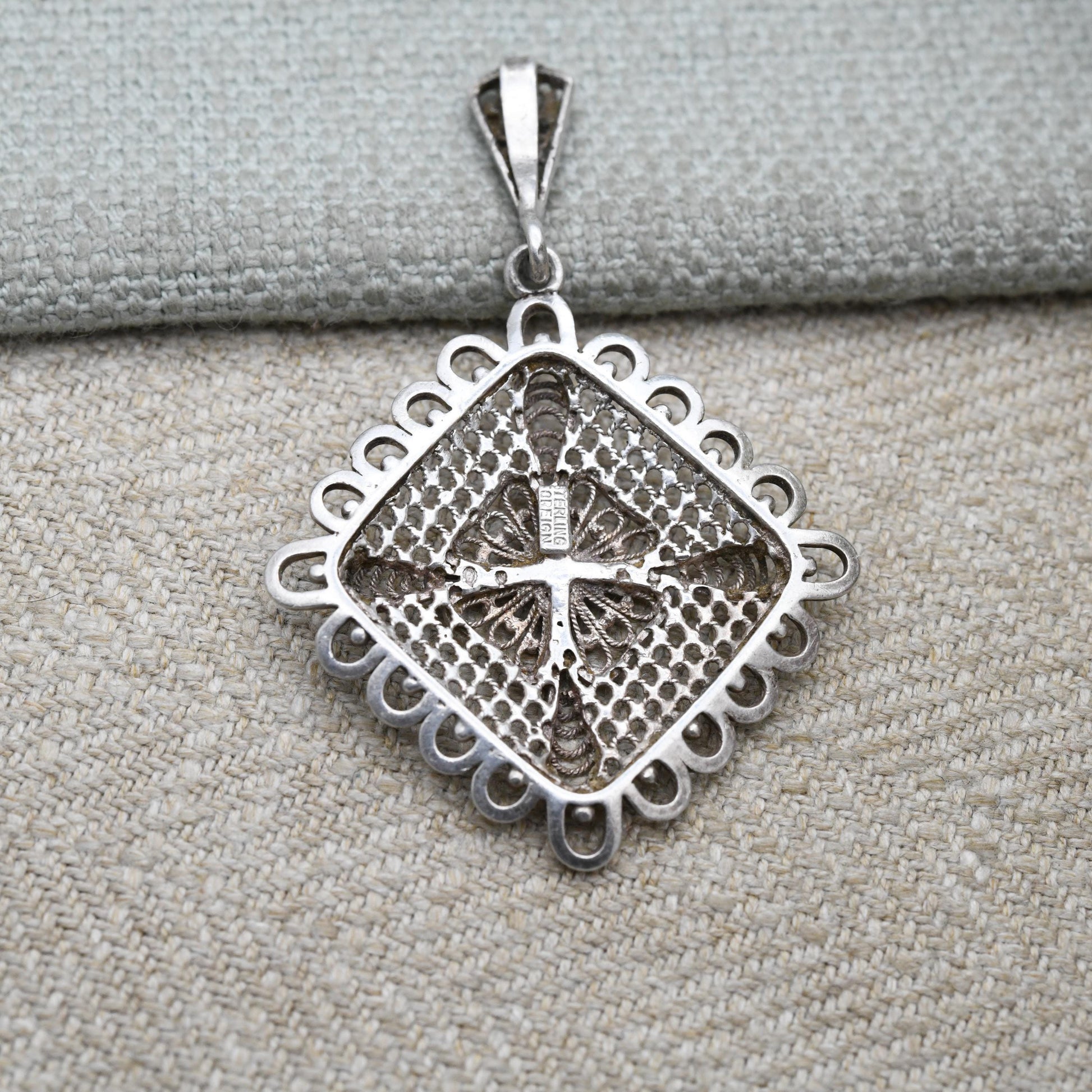 Vintage Sterling Silver Square Geometric Pendant with Ornate Openwork Design - Pretty Scrolling Cut Out | Cute Gift for Her