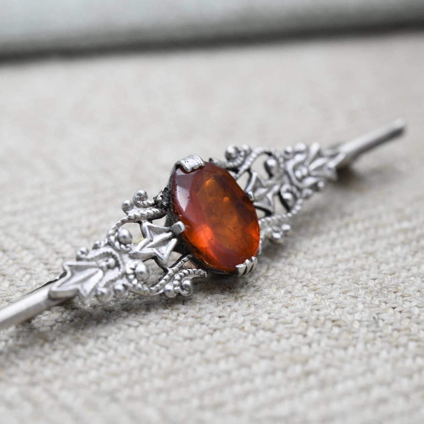 Vintage Silver Czech Filigree Bar Brooch with Faceted Orange Gemstone - Floral Pin Gift for Her