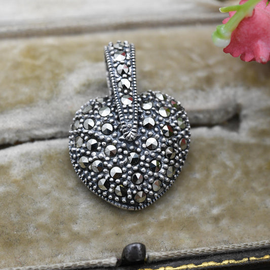 Vintage Sterling Silver Heart Locket Pendant with Marcasite Stones - Puffed Love Heart Shape | Romantic Gift for Her