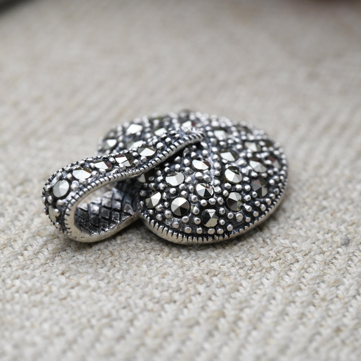 Vintage Sterling Silver Heart Locket Pendant with Marcasite Stones - Puffed Love Heart Shape | Romantic Gift for Her