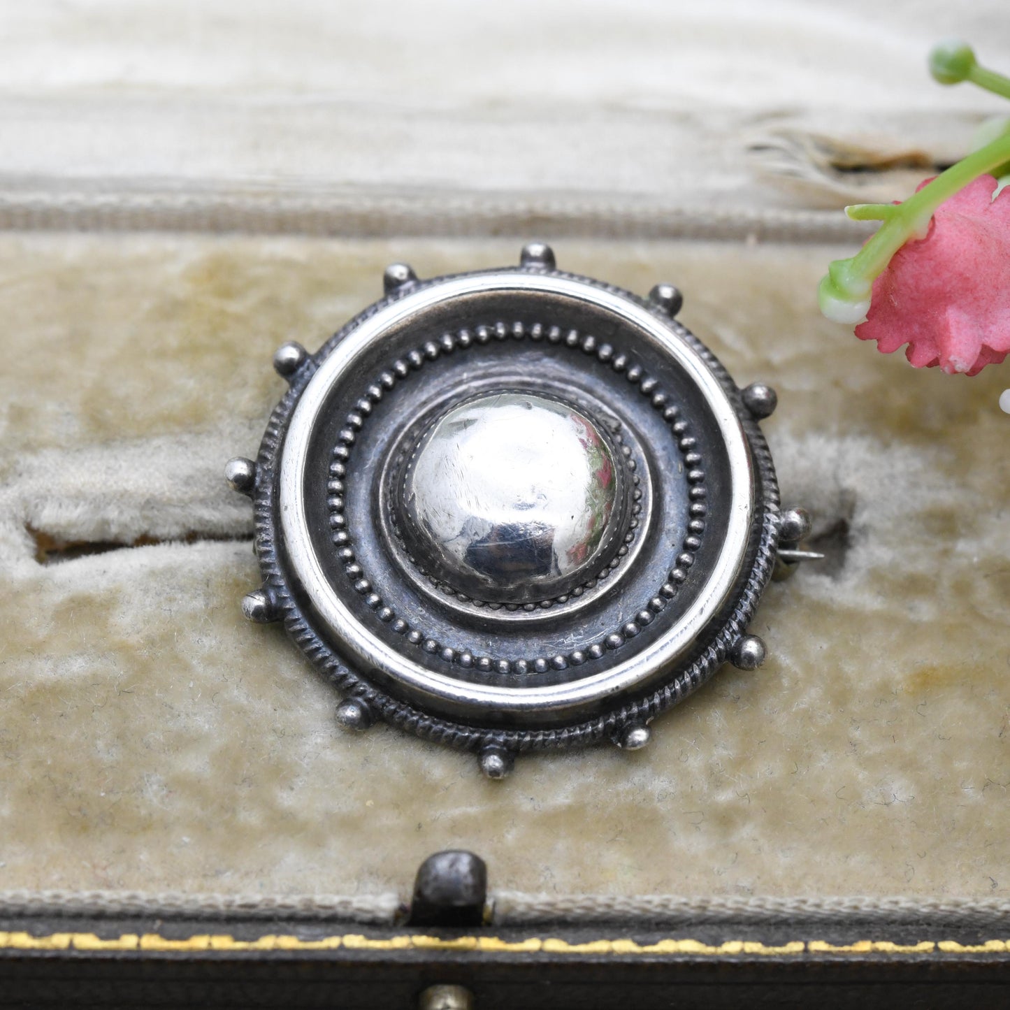 Antique Victorian Sterling Silver Etruscan Revival Brooch - Circular Rope Twist Beaded Brooch | Unisex Gift