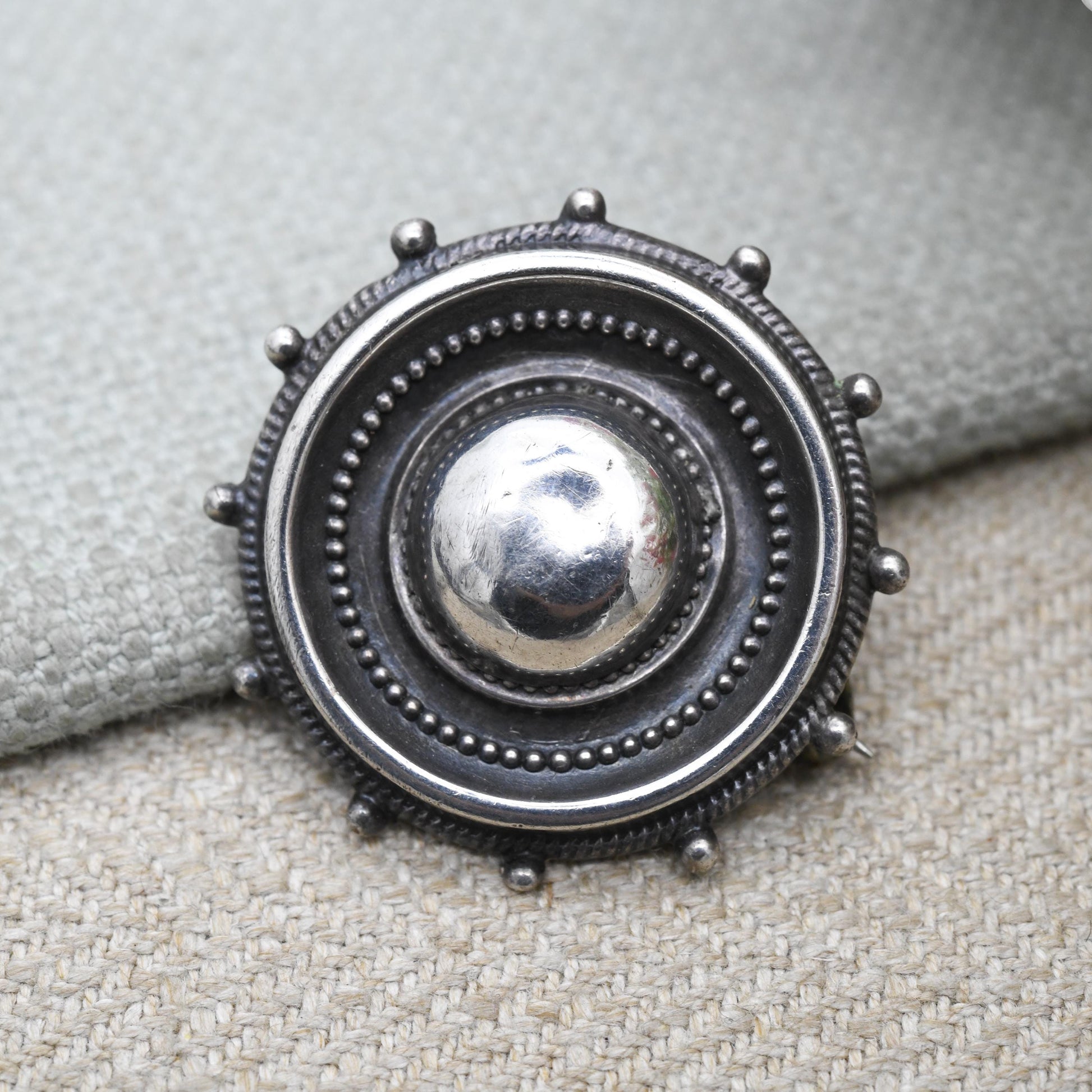Antique Victorian Sterling Silver Etruscan Revival Brooch - Circular Rope Twist Beaded Brooch | Unisex Gift