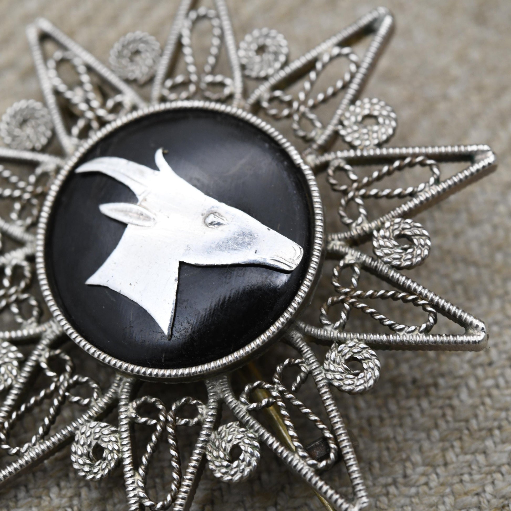 Vintage Egyptian Silver Filigree and Black Stone Brooch - Ibex Gazelle Openwork Design | Circular Cabochon Pin