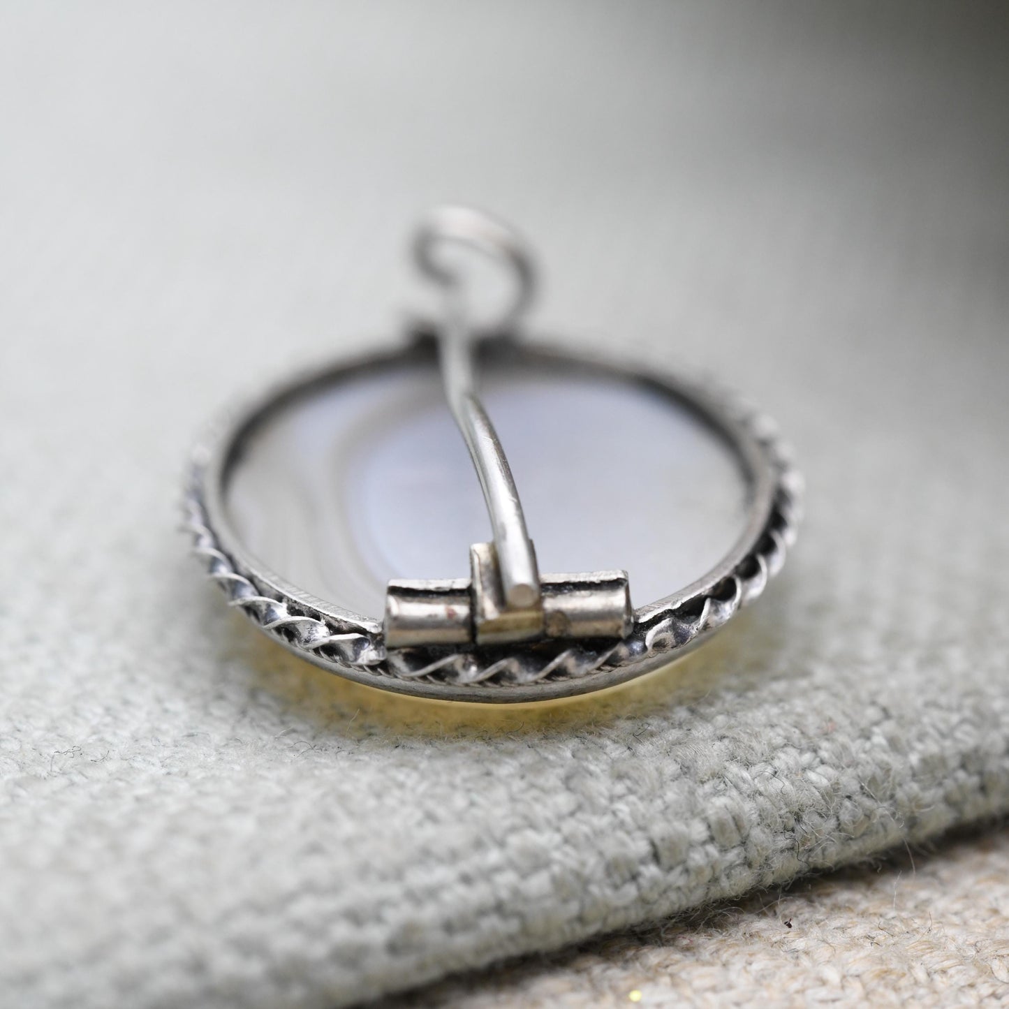 Antique Silver Agate Cabochon Brooch c. 1910s - Milgrain and Rope Twist Setting