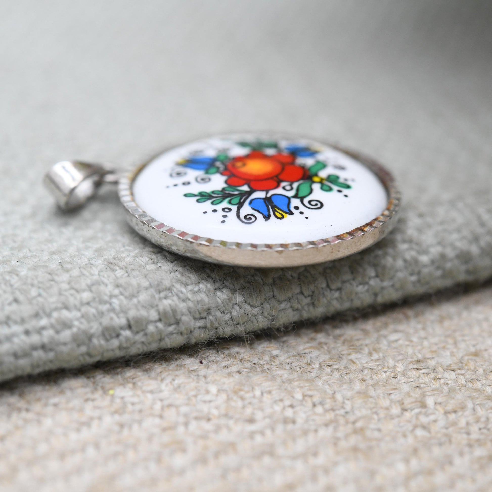 Vintage Sterling Silver Floral Pendant - Painted Flower Design | Small Circle Gift for Necklace