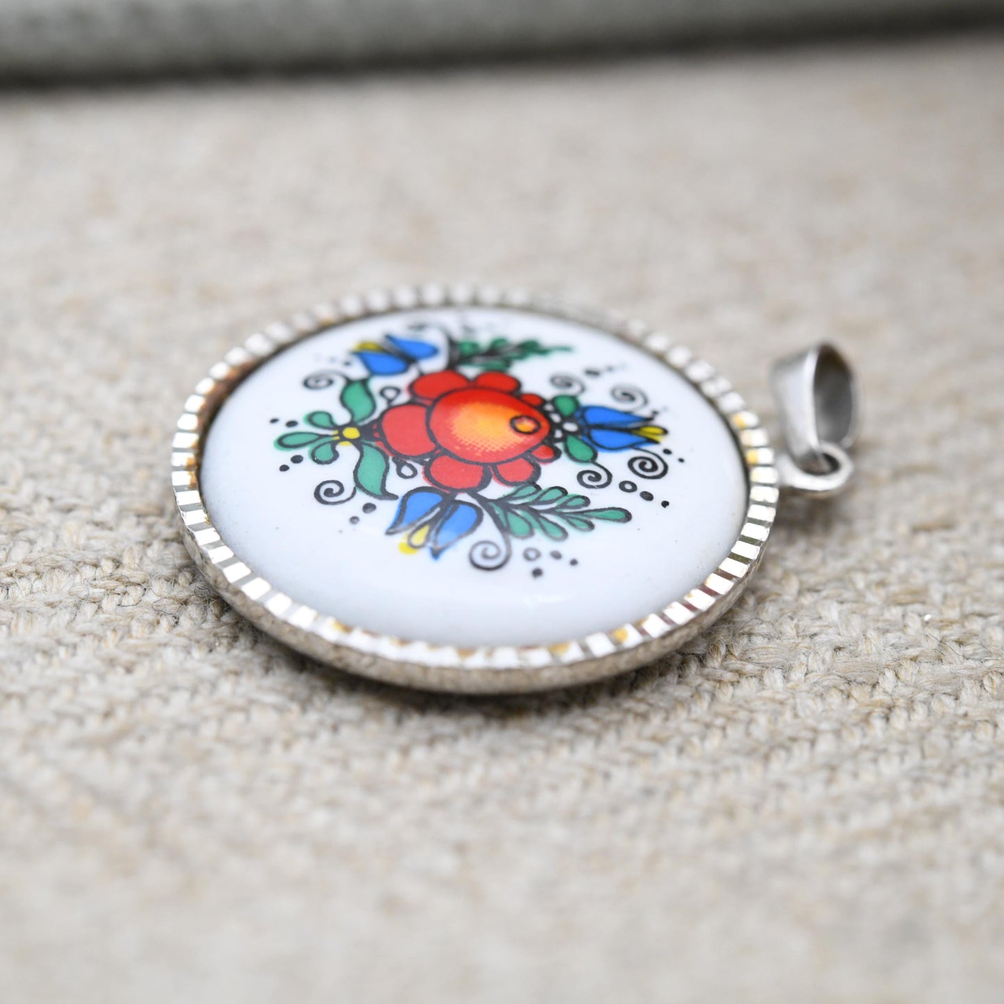 Vintage Sterling Silver Floral Pendant - Painted Flower Design | Small Circle Gift for Necklace