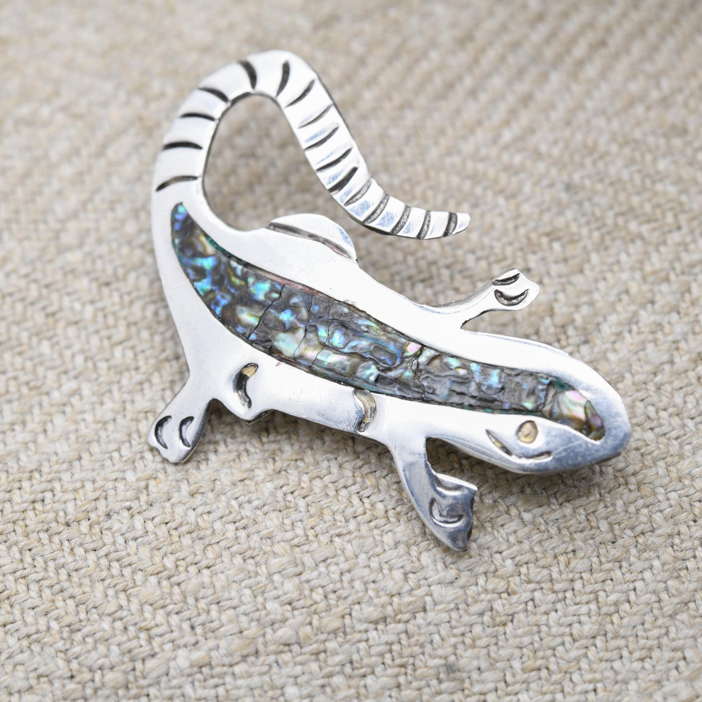 Vintage Taxco Mexican Sterling Silver Inlaid Abalone Lizard Brooch - Mid-Century Collectable Mexico Silver Jewellery