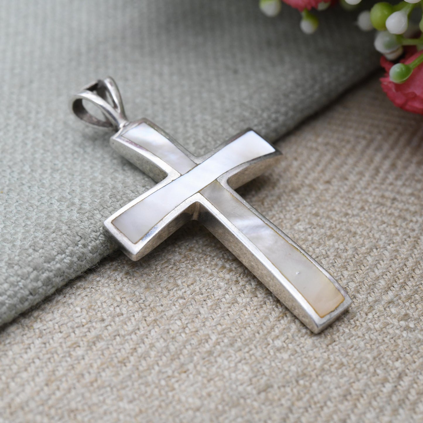 Sterling Silver Cross Pendant with Inlaid Mother of Pearl - Chunky Cross | Christian Charm for Religious Necklace